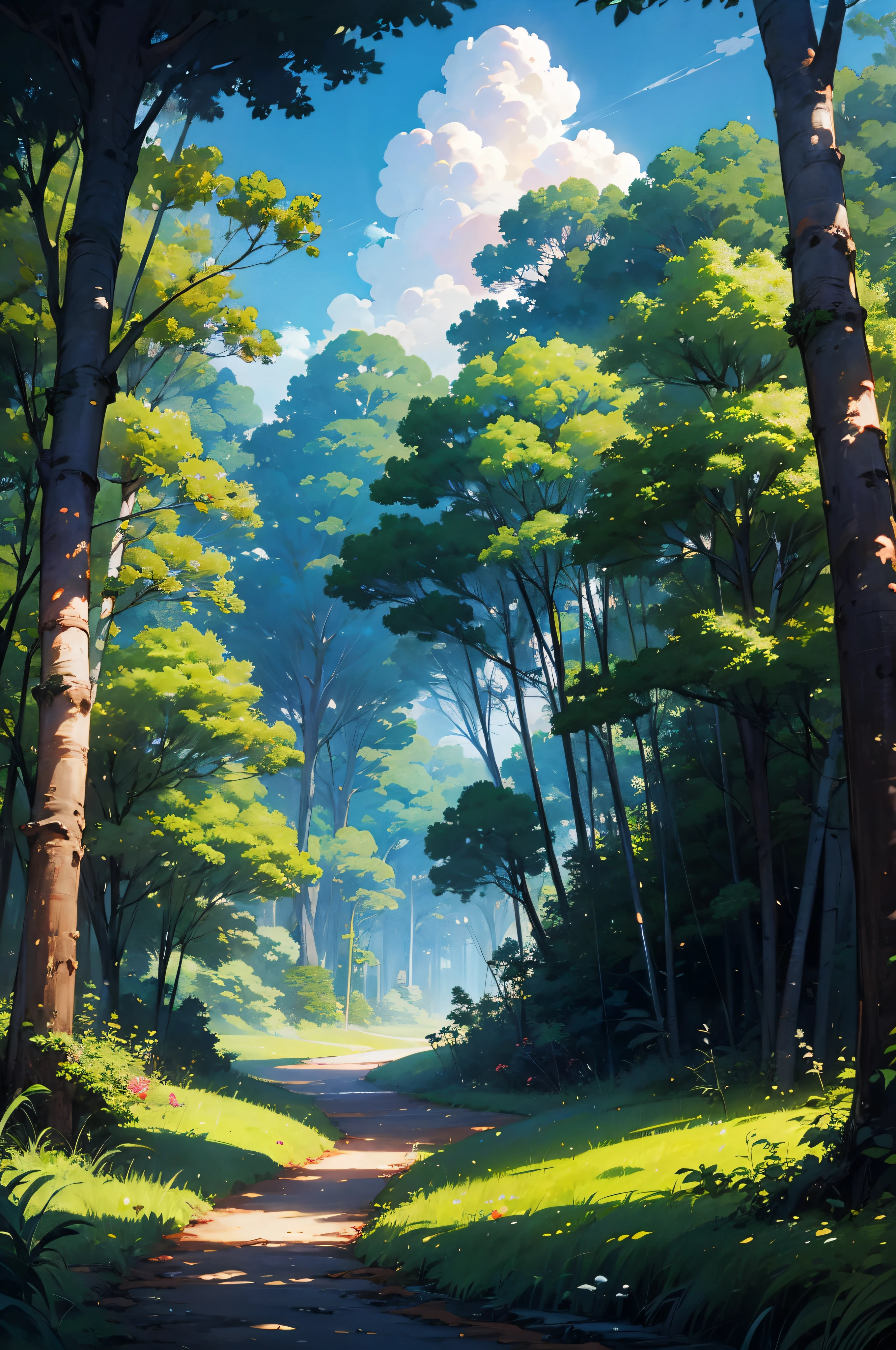 (Ghibli, Ghibli background, Ghibli art style:1.2), in the forest, ในforest, many small trees, sky, grass, wide angle shot, forest,