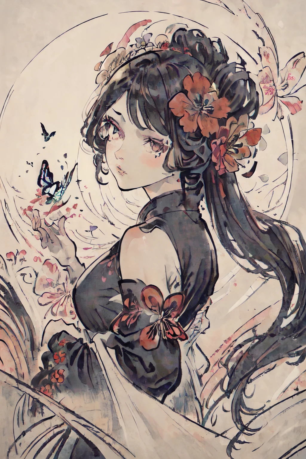 (art nouveau:1.25), Maximalism artstyle,neon theme,suprematism,beautiful detailed flower, beautiful detailed eyes,hyper detailed,flower,hyper quality,,eyes,flower and hair is same color,beautifuly color,face,her hair is becoming flower, flower,hair,flower,butterfly,,1girlkawaii,,high details, high quality,back light,hair and clothes is flower,upper body ,high quality,hair with body ,webbed dress, upper body, flower leg, flower hands,body with flower, flower with clothes , dress with flower, , light particles,black background, Hair with flower,small breast with flower,floating hair with flower,floating1girl,small breast, marbling with hair and clothes, looking at viewer,original,arm down, paper cutting, black background, flower forground, hair with flower,highres, hair with flower,hair with flower ,hair, wavy hair ,diffusion lighting, abstract,Butterfly with body, flower with hair, her hair is flower,big top sleeves, floating,pupils, [[hair over one eye]],dark