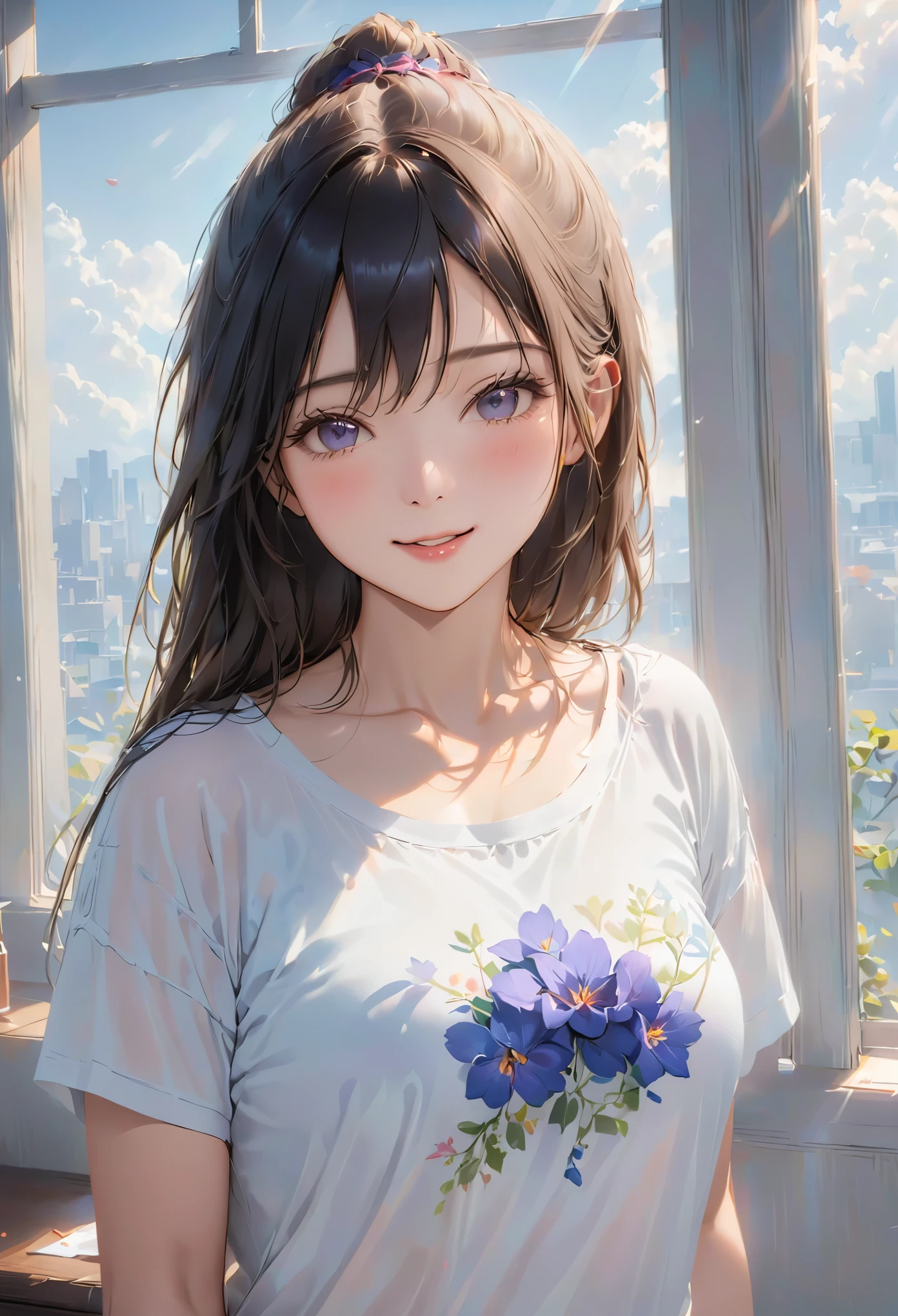 (higher resolution, clearly_image) best quality, a woman, masterpiece, Very detailed, semi-realistic, 21 years old, beautiful, young, Handsome, t-shirt, Lilac shirt, collar around neck, Internal, modern room, window, wake up, morning, blush, smiling