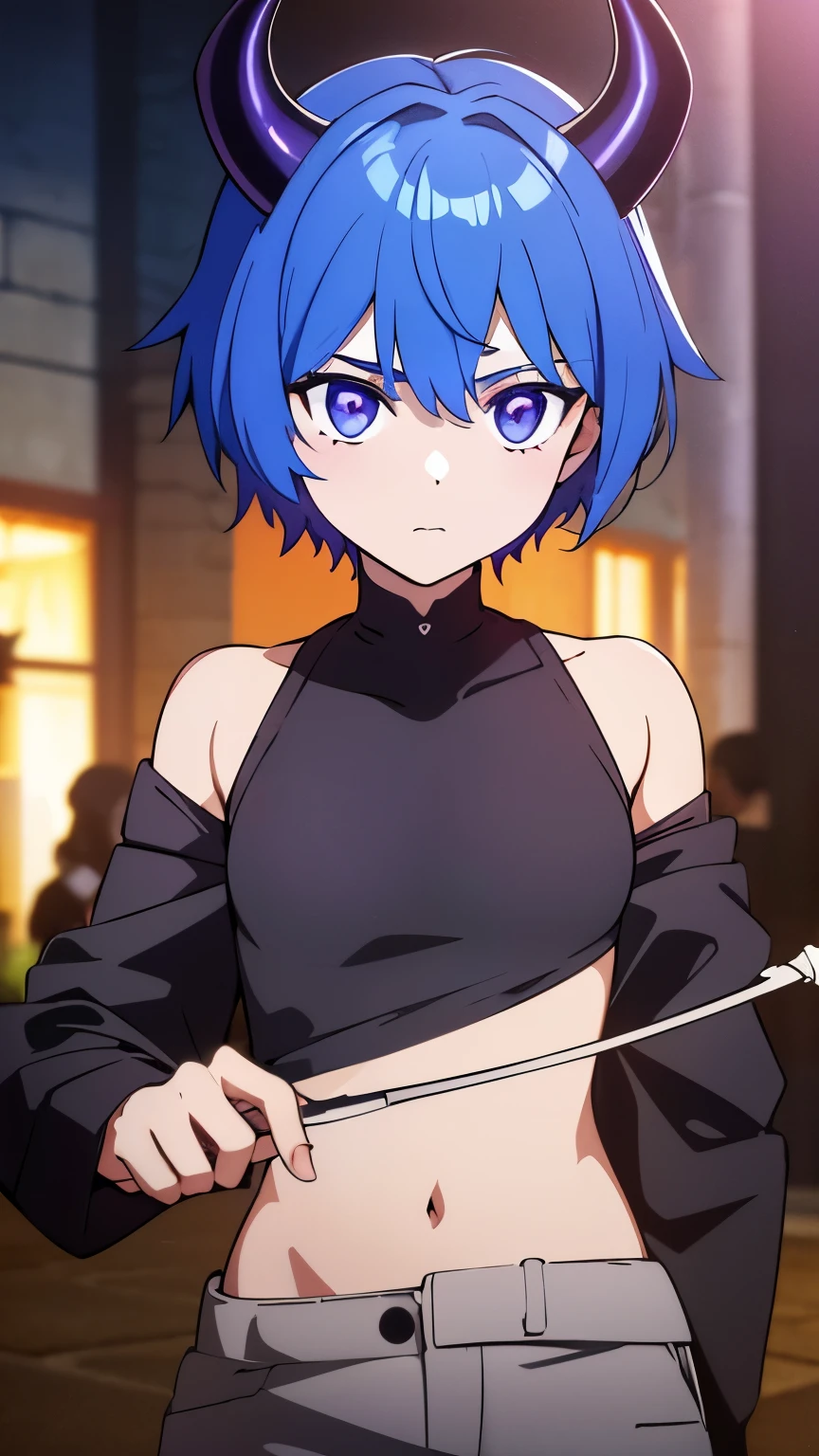 1 boy ,(big Stigmata), non binary, androgynous, School courtyard, (floating hair), ((in courtyard fountain)), character focus, ((black light)),((dark lighting)), cinematic lighting ,(darkness), (concept art), ((innocent face)), blue short straight hair, light blue hair color, dragonoid girl, short, short blue hairy, glowing bluish-purple horns, bluey-purple eye color, (glowing eyes), high resolution,(incredibly absurdres) ,extremely detailed CG unity 8k wallpaper, ((masterpiece)), ((top-quality)), (beautiful illustration), ((an extremely delicate and beautiful)), (masterpiece, Best quality, ultra high resolution), 1 girl, pale skin, Black Crown, purple eyes, Luminous_eyes, neon blue eyes, ultra detailed eyes, Beautiful and detailed face, detailed eyes, (Centered, torso), (wide shot:0.9), facing the viewer, Eye level, flat chested, flat chest, cup size AAA, Wearing black cargo shorts, sharp horns, blue horns on top of head,