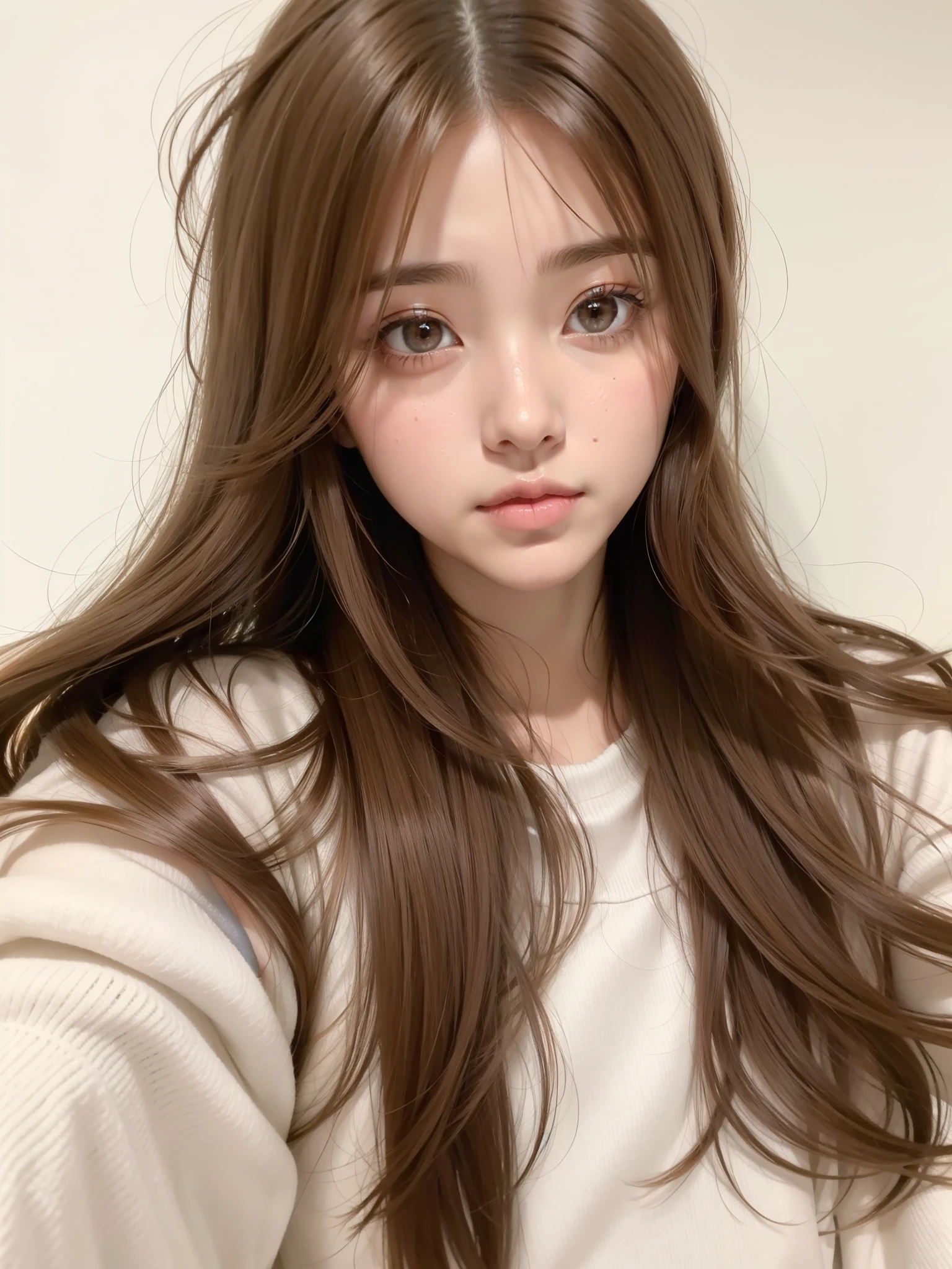 un primer plano de una mujer con cabello largo y una camisa blanca, neat light brown hair, loose brown hair, long wavy light brown hair, ojos grandes y cabello largo y suelto, ulzzang, brown hair and big eyes, Retrato realista kawaii, light brown hair, long brown hair with bangs, Pelo suave, linda cara de anime natural, asian girl with long hair