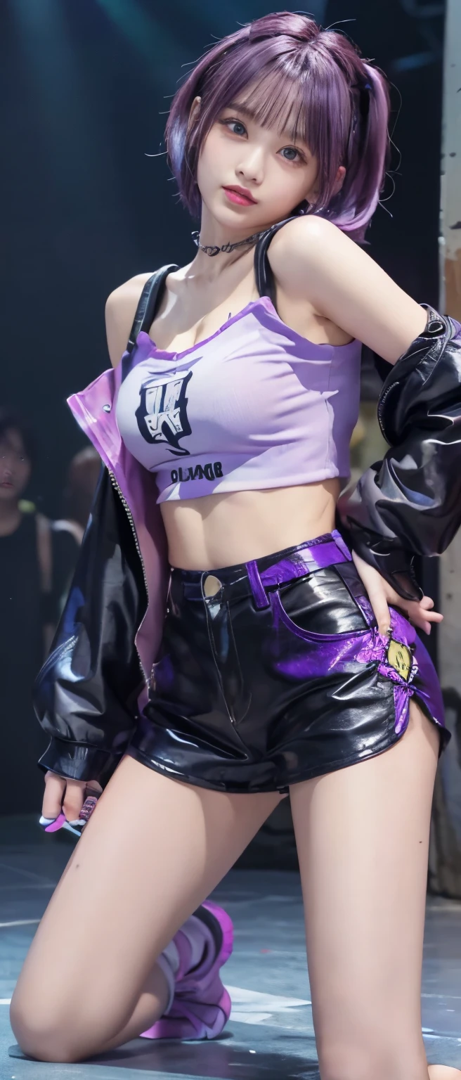 cool punk idol、whole body、good style、、、、、thunder pattern costume(off shoulder)、tight leather shorts、fluorescent purple hair、is emitting light、Live Floor