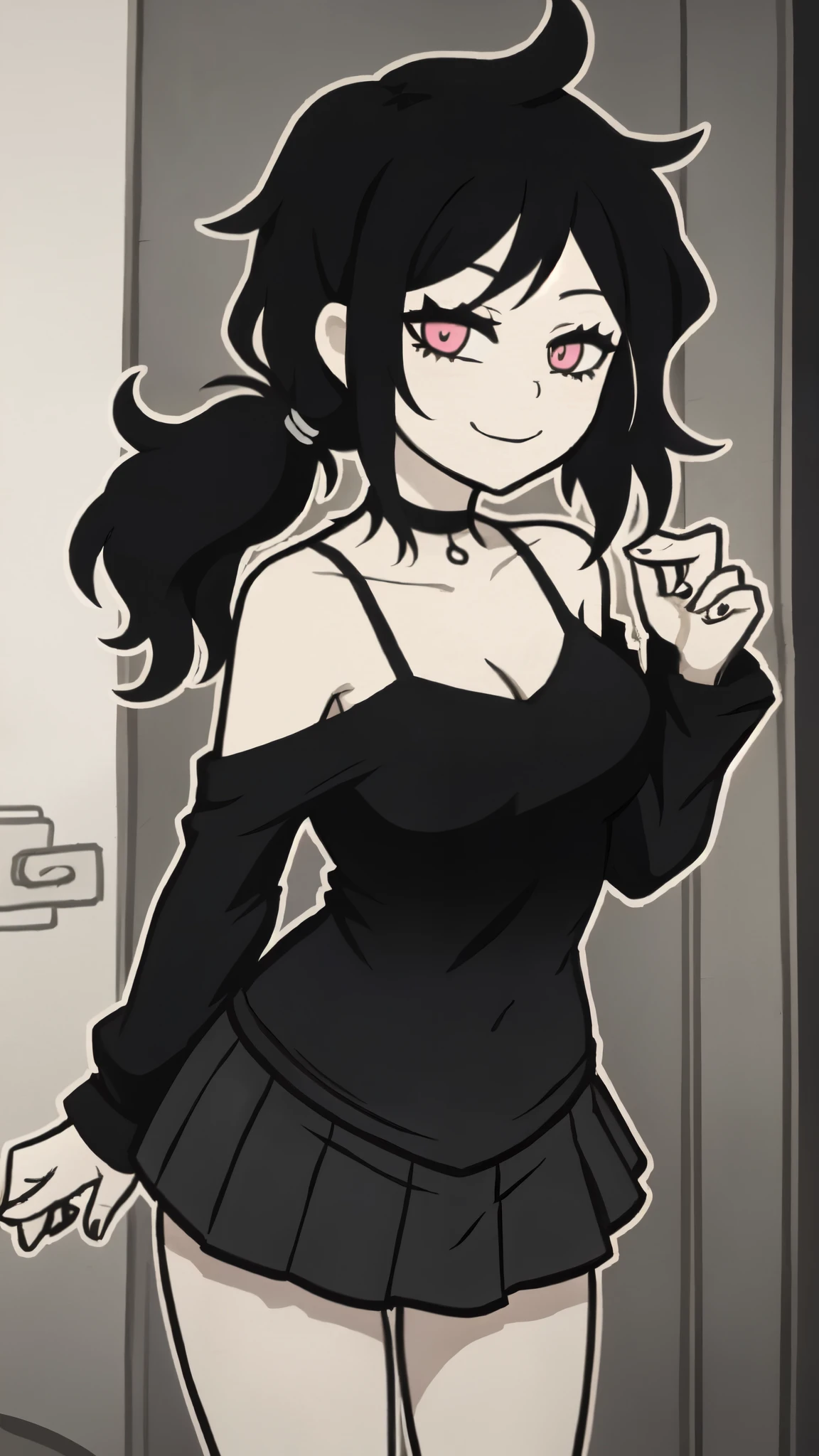 ashleyvk, 1girl, solo, black hair, medium breasts, choker, medium hair, anime coloring, very long stylish hair style, bare shoulders, Smini skirt, smile