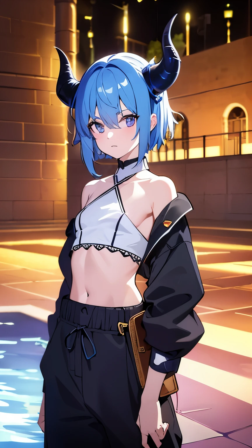 1 boy ,(big Stigmata), non binary, androgynous, School courtyard, (floating hair), ((in courtyard fountain)), character focus, ((black light)),((dark lighting)), cinematic lighting ,(darkness), (concept art), ((innocent face)), blue short straight hair, light blue hair color, dragonoid girl, short, short blue hairy, glowing bluish-purple horns, bluey-purple eye color, (glowing eyes), high resolution,(incredibly absurdres) ,extremely detailed CG unity 8k wallpaper, ((masterpiece)), ((top-quality)), (beautiful illustration), ((an extremely delicate and beautiful)), (masterpiece, Best quality, ultra high resolution), 1 girl, pale skin, Black Crown, purple eyes, Luminous_eyes, neon blue eyes, ultra detailed eyes, Beautiful and detailed face, detailed eyes, (Centered, torso), (wide shot:0.9), facing the viewer, Eye level, flat chested, flat chest, cup size AAA, Wearing black cargo shorts, sharp horns, blue horns on top of head,