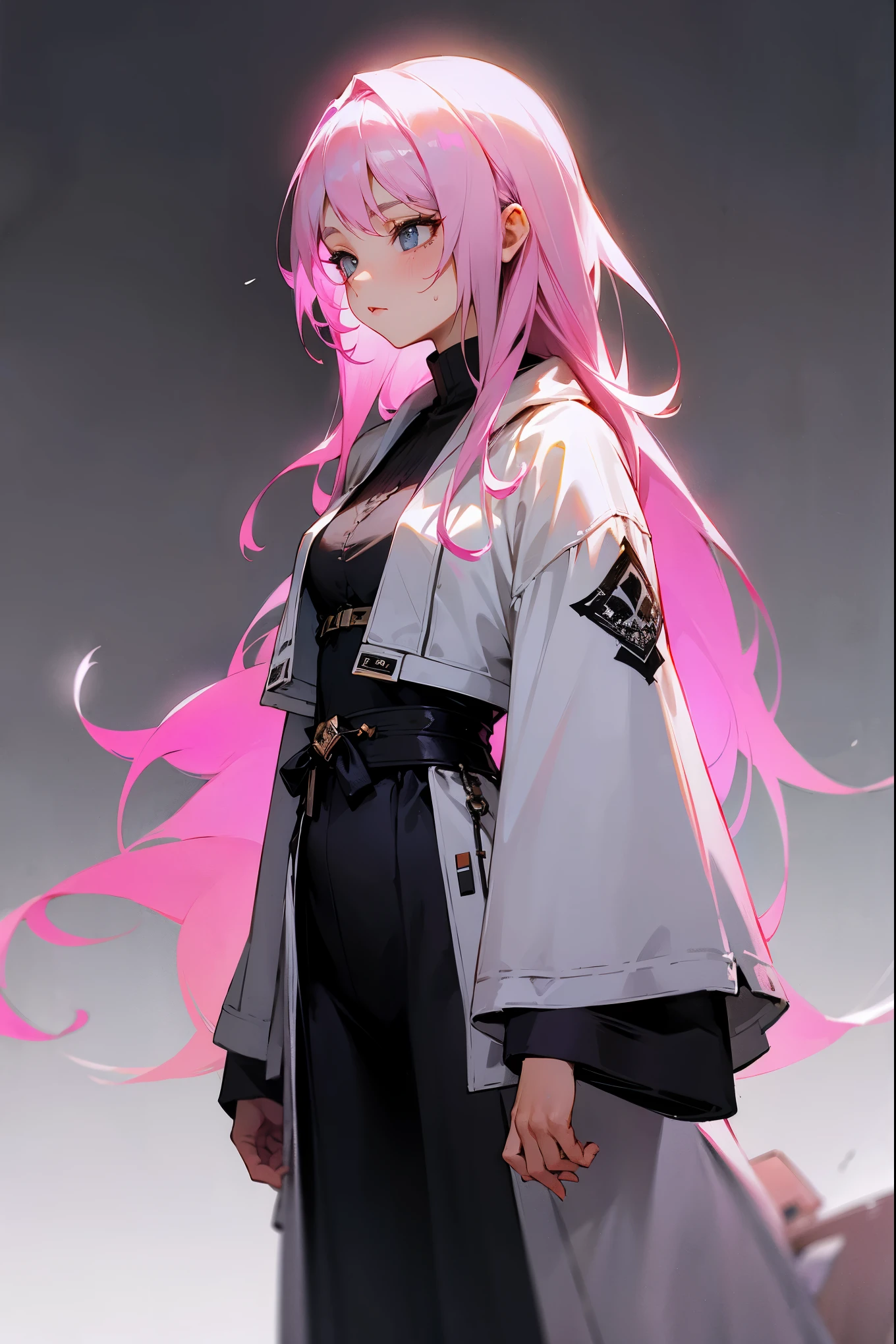 1female, pink hair, long hair, serious expression, white overcoat, black old underclothing, old city background, detailed background, standing on path, black tattoo sleeves, black tattoos