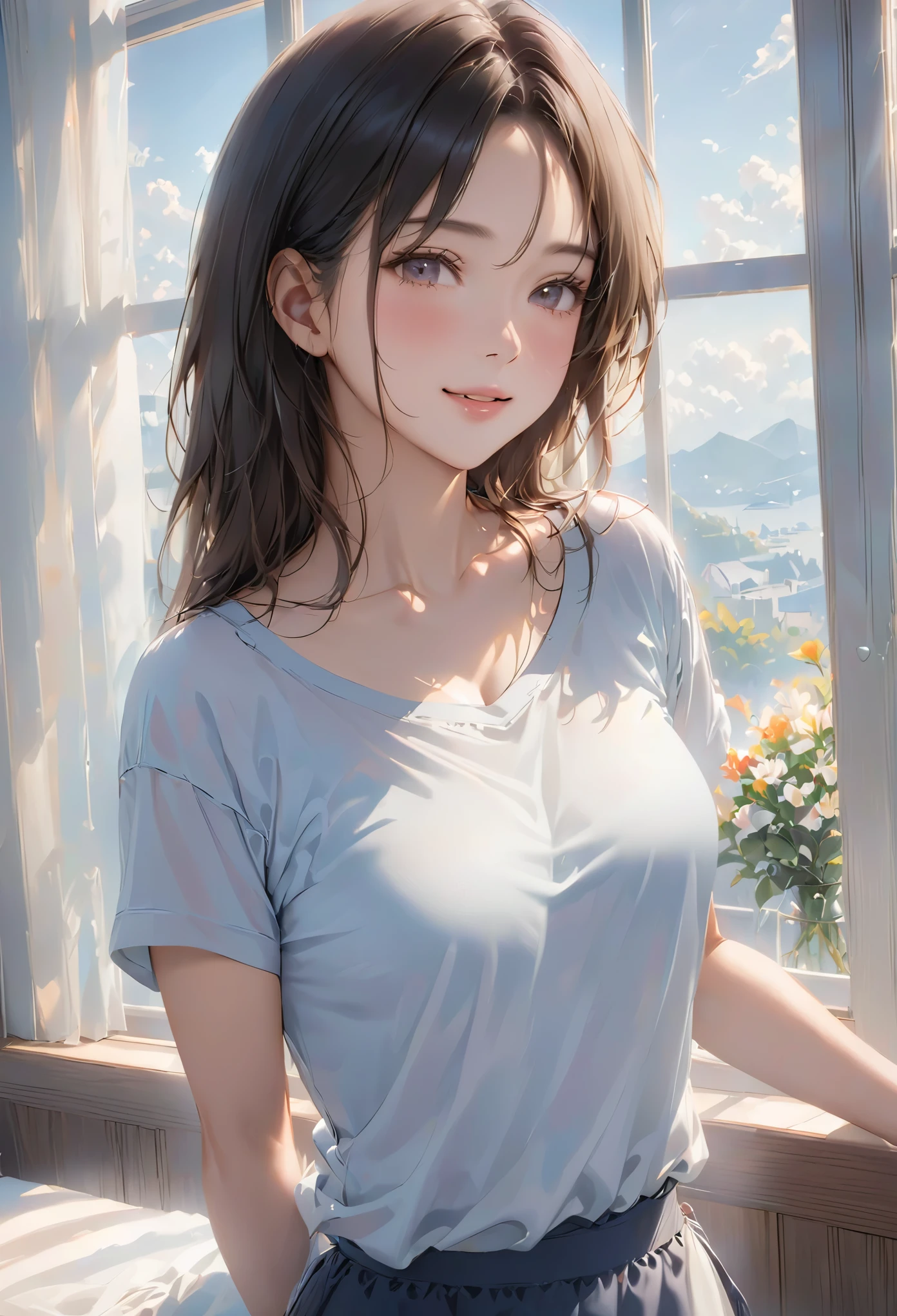 (higher resolution, clearly_image) best quality, a woman, masterpiece, Very detailed, semi-realistic, 21 years old, beautiful, young, Handsome, t-shirt, Lilac shirt, collar around neck, Internal, modern room, window, wake up, morning, blush, smiling