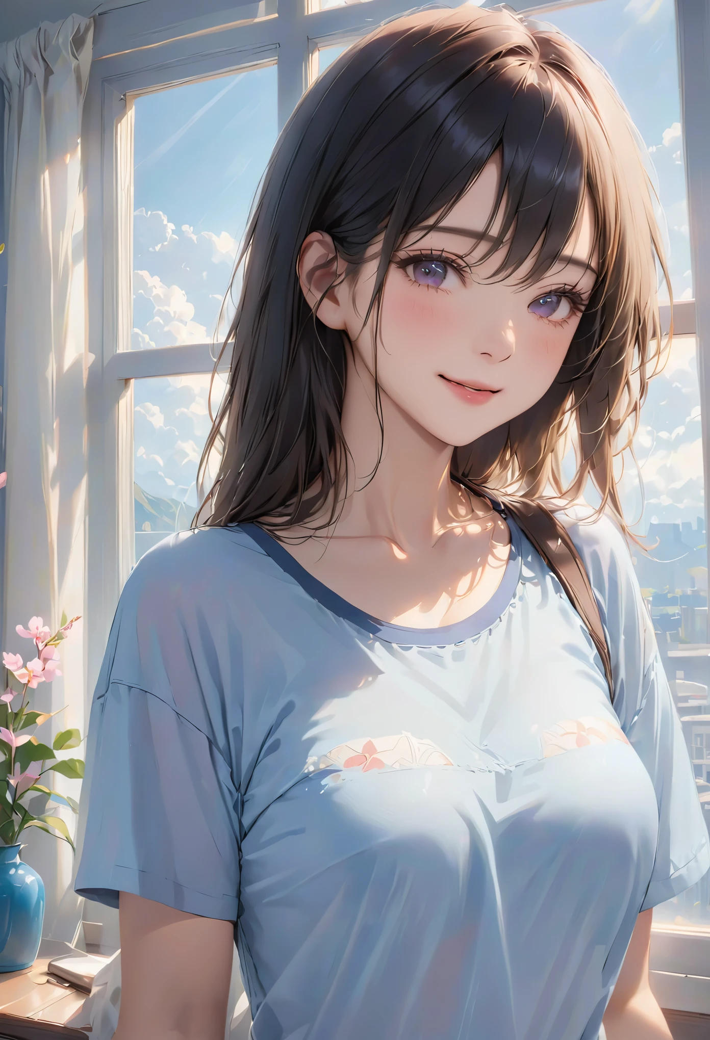 (higher resolution, clearly_image) best quality, a woman, masterpiece, Very detailed, semi-realistic, 21 years old, beautiful, young, Handsome, t-shirt, Lilac shirt, collar around neck, Internal, modern room, window, wake up, morning, blush, smiling