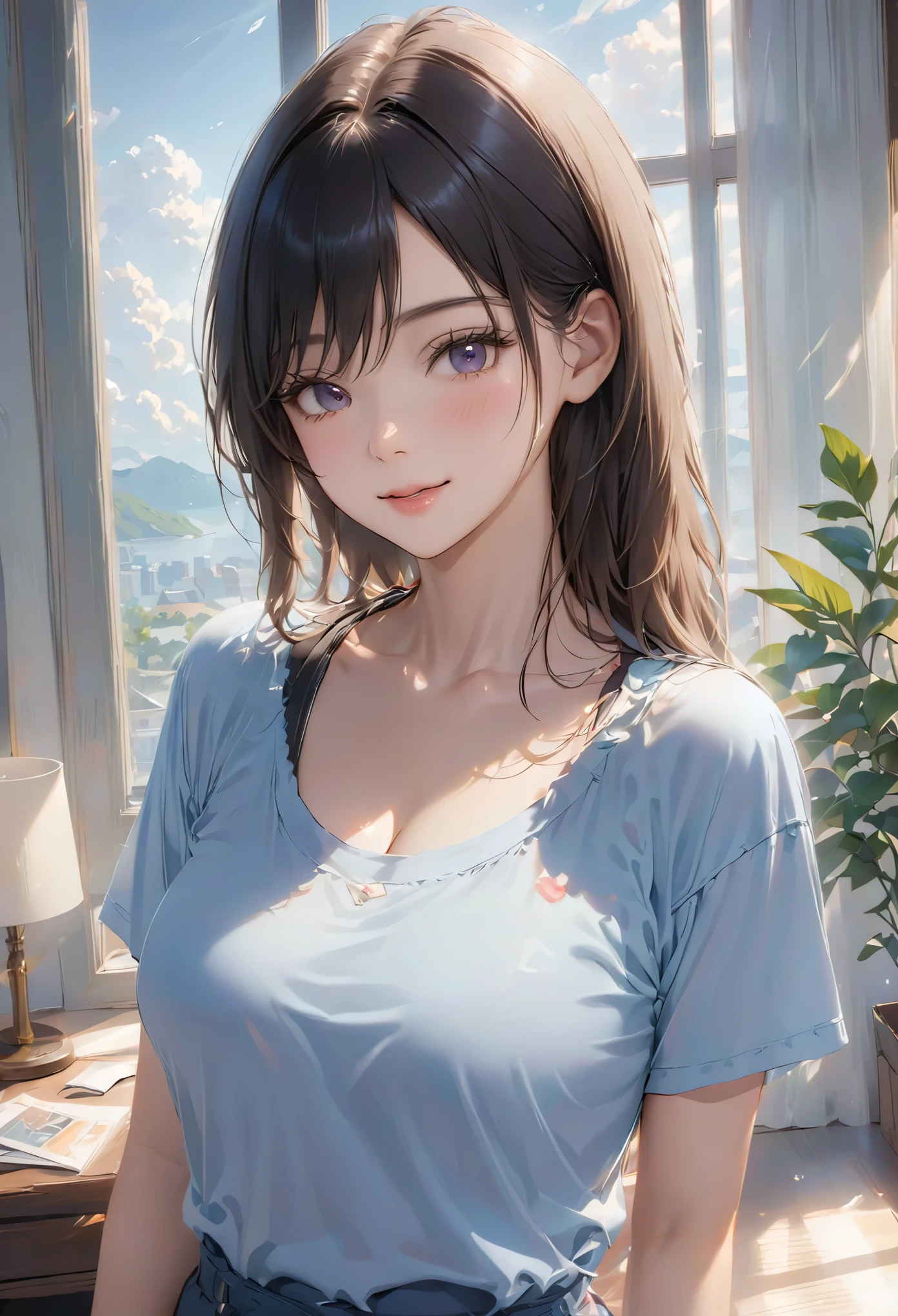 (higher resolution, clearly_image) best quality, a woman, masterpiece, Very detailed, semi-realistic, 21 years old, beautiful, young, Handsome, t-shirt, Lilac shirt, collar around neck, Internal, modern room, window, wake up, morning, blush, smiling