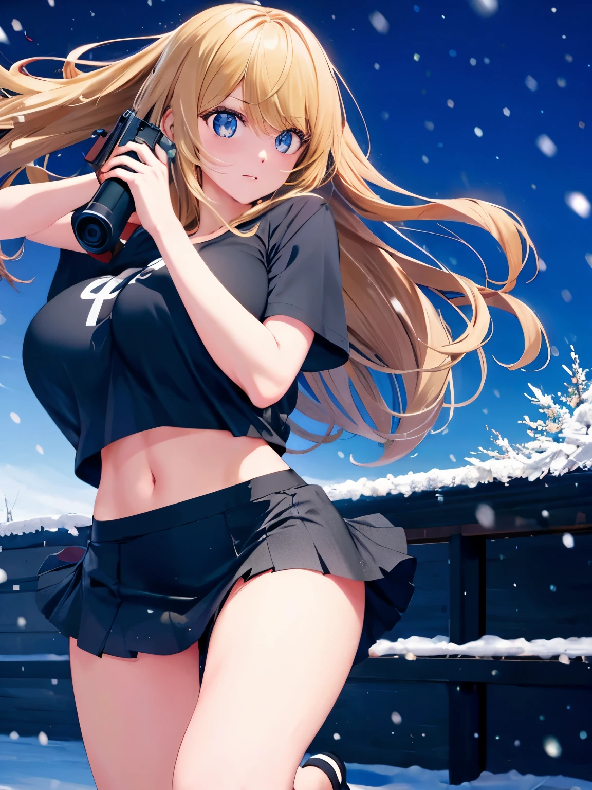 1woman,super beautiful,Running around,snowing,Holding a gun, shooting,half body photo,Focus on face,Beautiful eyes, very detailed face, HD face, perfect face,black t-shirt,black mini skirt,Very big breasts,Blonde hair,long hair,wavy hair,bangs,blue eyes,ultra detail,ultra Hd, masterpiece,4k