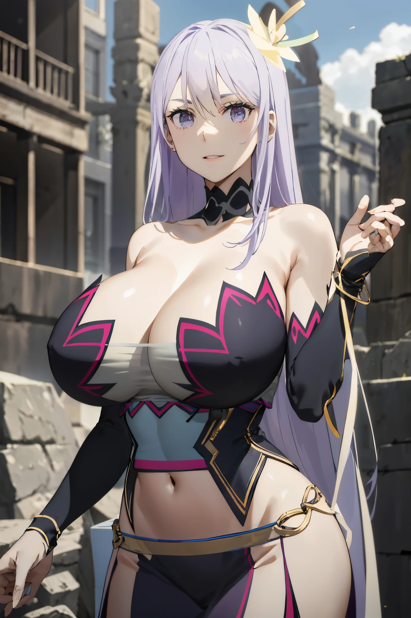 masterpiece, ((royal dressed)), ((wing)), halo, (best quality), (solo), 1girl, reona, silver hair, purple hair , (long skirt), long hair, purple eyes, sexy woman, hair between eyes, hair ornament, vibrant colors , natural lighting, RTX, (huge tits), (detailed face:1.2), (perfect eyes:1.1) ,(photorealistic:1.1), 8k uhd, looking a viewer, outdoors, simple backround, smile, (upper body), standing pose, ((open legs), temple ruins, cleavage