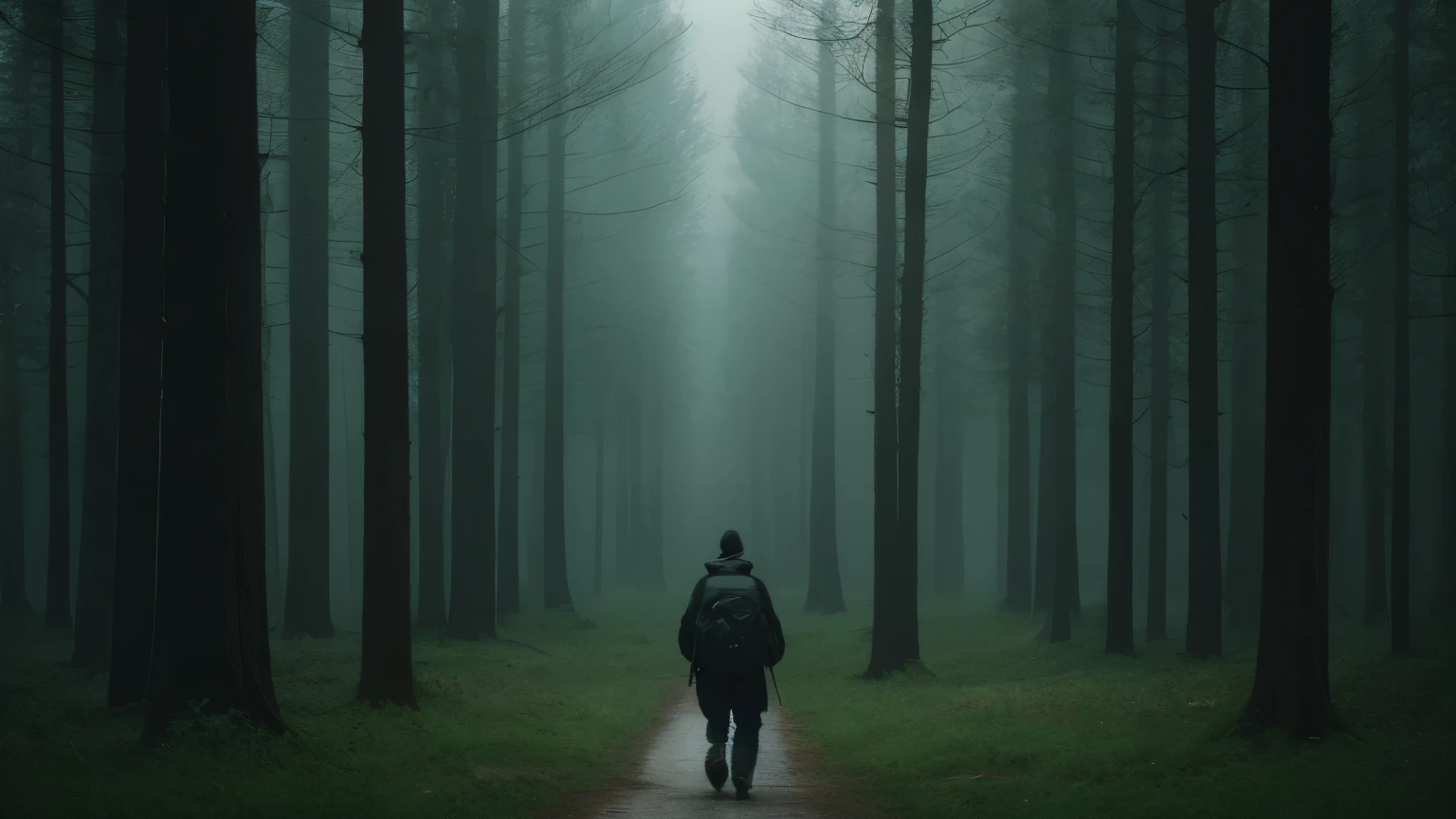 there is a solo man walking in the woods with a backpack, old house, stefan koidl inspired, bussiere rutkowski andreas rocha, by maxim verehin, inspired by maxim verehin, inspired by Tomasz Jedruszek, dark cinematic concept art, eerie nostalgic concept art, inspired by Igor Kieryluk, inspired by Ismail Inceoglu