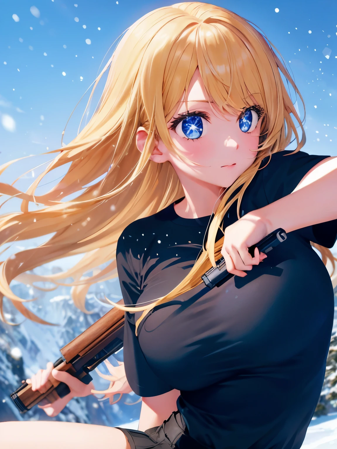 1woman,super beautiful,Falling off a cliff,snowing,Holding a gun, shooting,close up photo,Focus on face,Beautiful eyes, very detailed face, HD face, perfect face,black t-shirt,black mini skirt,Very big breasts,Blonde hair,long hair,wavy hair,bangs,blue eyes,ultra detail,ultra Hd, masterpiece,4k