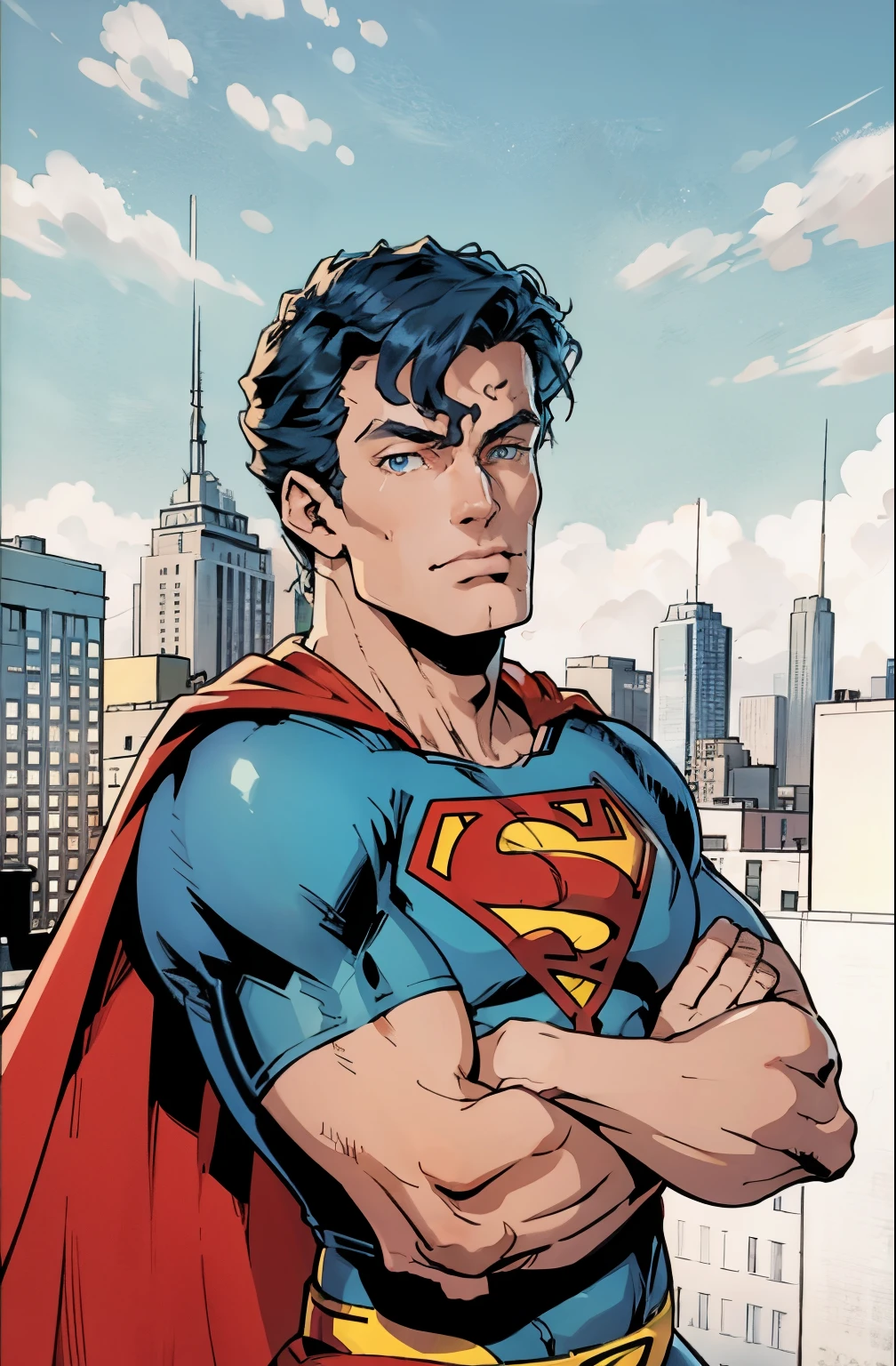 arafed man sitting on a ledge with a city in the background,  ((Superman suit))，(blue eyes),90s comic ,Marvel Comics，background is New York city's，professional comic book style, prominent outline linework