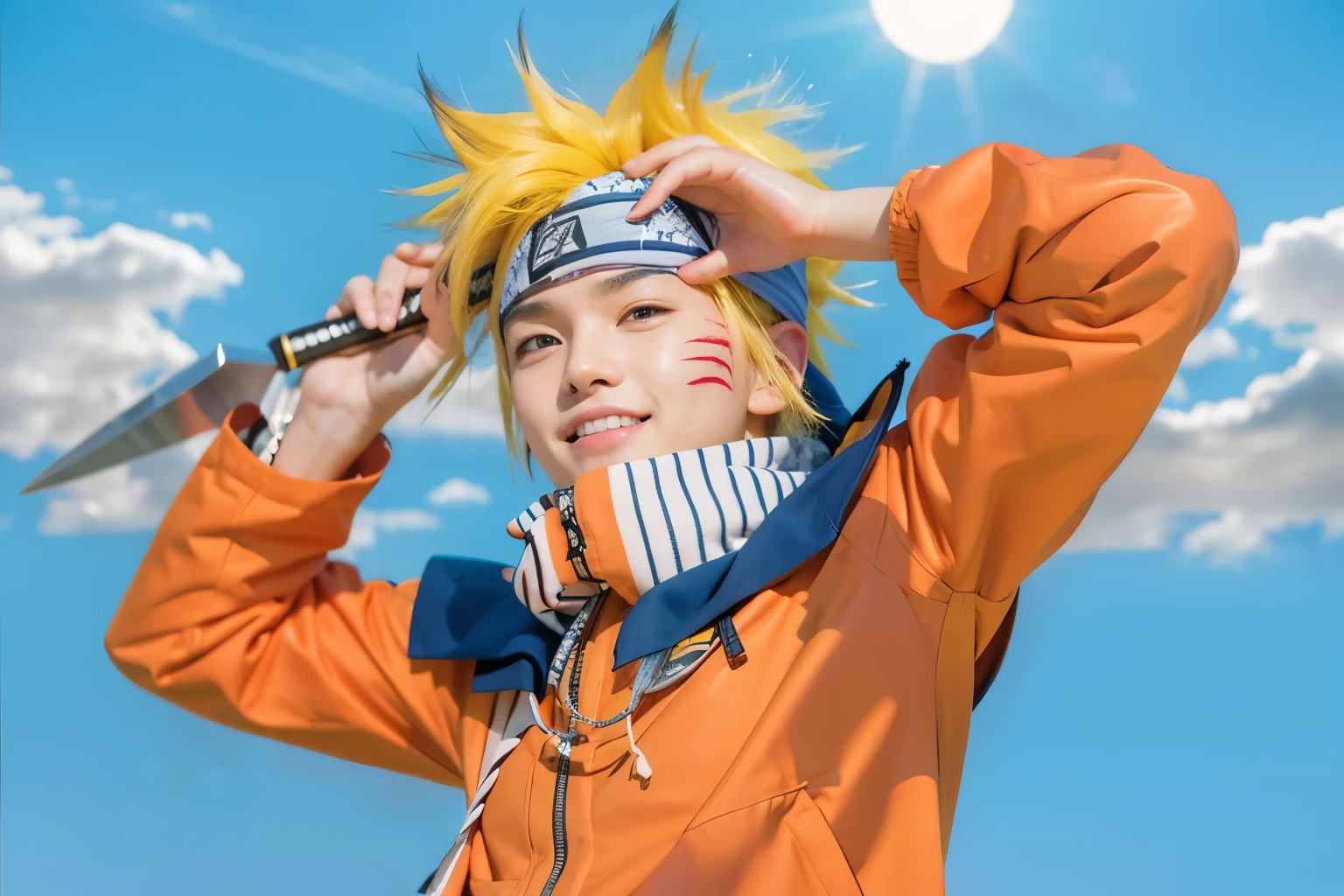 Naruto boy with blond hair, scars on his cheeks, wearing an orange suit with blue splashes on the shoulders, with a bandana and a metal patch on it, standing with a kunai and holding a bandana, a sports jacket with a white cuff near his neck, blurred sky background, realistic texture, realistic style, detailed texture, high quality, high resolution, high quality rendering, realistic photo