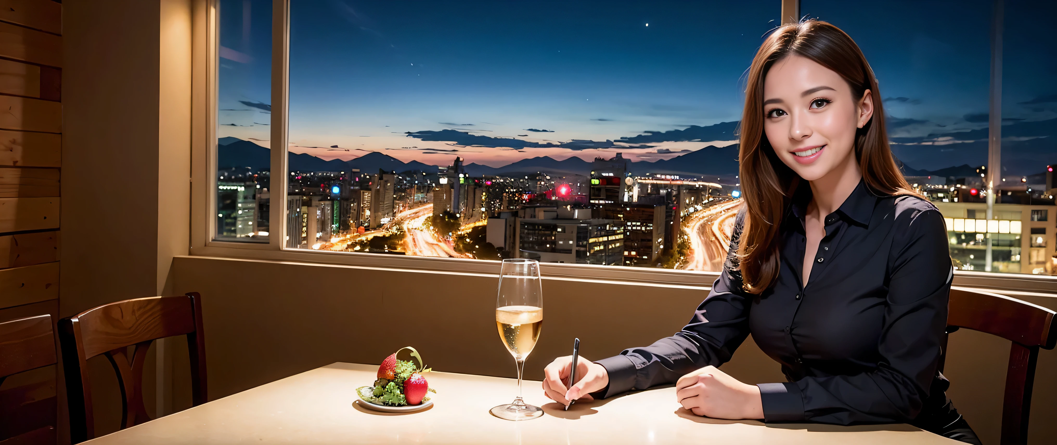 64k, Hmm, highest quality, masterpiece: 1.2), (realistic, photorealistic: 1.37), Spectacular view of the sunset sky and clouds、Amazing mountain views、slimな美女3名, (slimフェイス),Happy、 最高なsmile、Fox face、Berry Short、(because I'thin), (brown hair), (shortcut), long sleeve shirt、winter fashion、Colombian、Brazilian、Japanese、Dutch、German、Portuguese、Belgian、Italian、French,Champagne、sparkling wine、 (squirt), (slimボティ), (brown hair), (shortcut), neat beauty、cheeks turn a little red, (35 years old), 38 years old, alone, A beautiful and detailed night view spreads out outside the window....., restaurant, wine glassが座っている, At night, in a prominent place (from the Upper body) nova frog style, actress, model, Upper body, White wine, slim, wine glass, Very beautiful night view, wine glass Put in the Middle, Happy smile, (smile: 1.15),