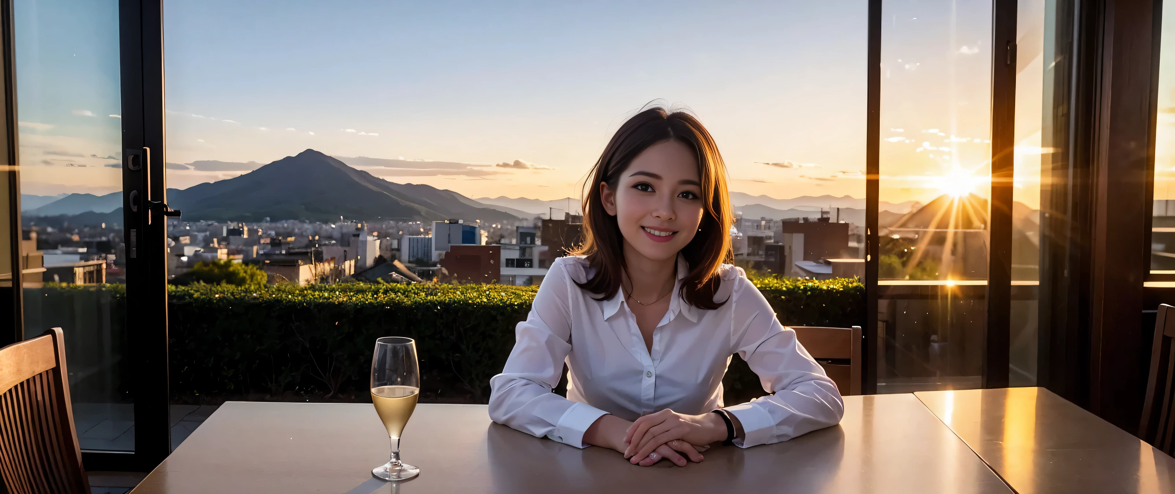64k, Hmm, highest quality, masterpiece: 1.2), (realistic, photorealistic: 1.37), Spectacular view of the sunset sky and clouds、Amazing mountain views、slimな美女3名, (slimフェイス),Happy、 最高なsmile、Fox face、Berry Short、(because I'thin), (brown hair), (shortcut), long sleeve shirt、winter fashion、Colombian、Brazilian、Japanese、Dutch、German、Portuguese、Belgian、Italian、French,Champagne、sparkling wine、 (squirt), (slimボティ), (brown hair), (shortcut), neat beauty、cheeks turn a little red, (35 years old), 38 years old, alone, A beautiful and detailed night view spreads out outside the window....., restaurant, wine glassが座っている, At night, in a prominent place (from the Upper body) nova frog style, actress, model, Upper body, White wine, slim, wine glass, Very beautiful night view, wine glass Put in the Middle, Happy smile, (smile: 1.15),