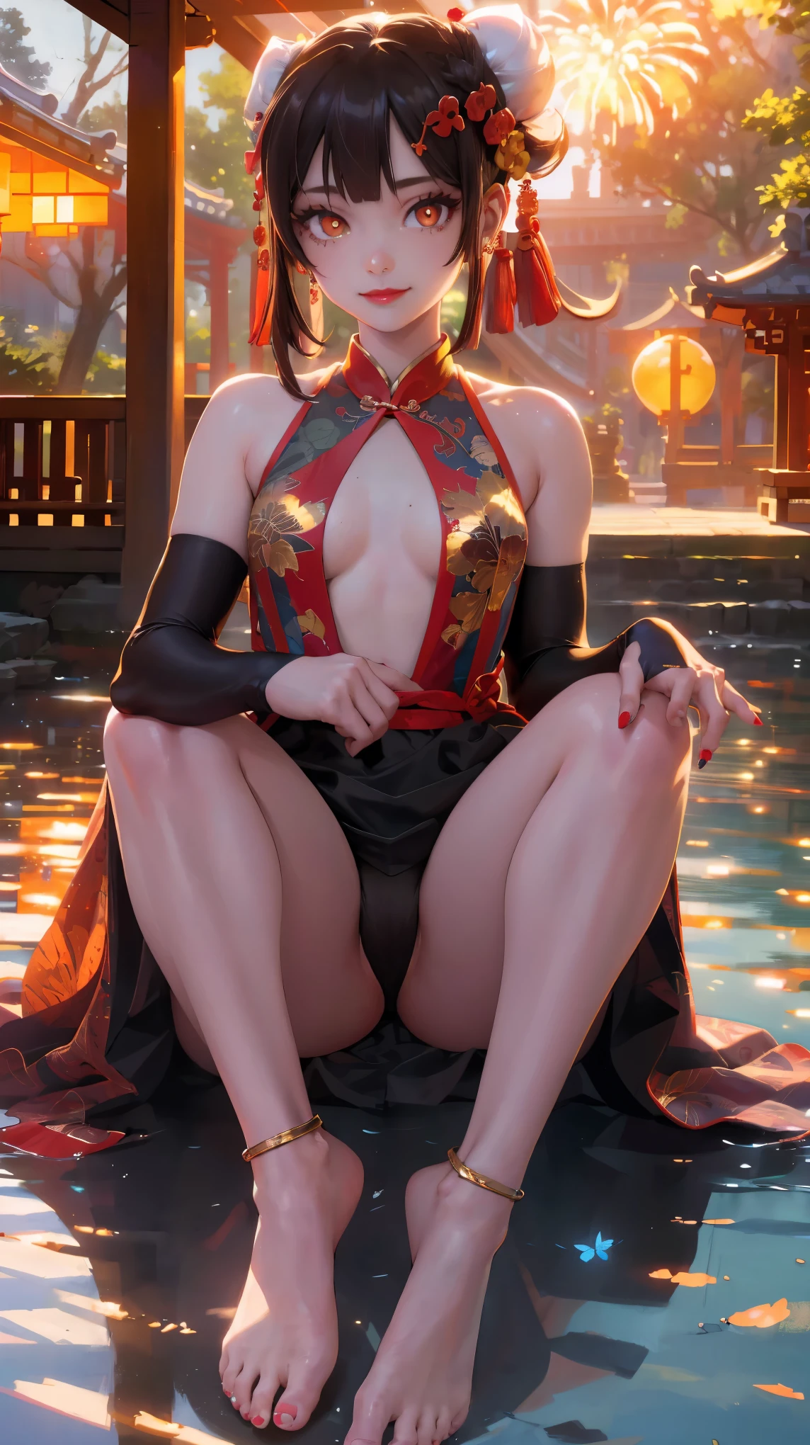 Best Quality, Very Detailed, (Realistic), Masterpiece, Photorealistic, Realistic Human Proportions, Fantastic Realism, Perfect Lighting, Soft Light, Natural Light, Physically Based Rendering, Auto White Balance, 4K,Solo,Nsfw,1girl, (Miyu Edelfelt),,black hair,brown eyes,seductive smile,nsfw, barefoot, see-through dress, butterfly, butterfly hair ornament, backless dress, chinese clothes,sleeveless, double bun,golden dragon print,bare foot,soles,elbow gloves,hair bun, hair ornament,jewelry,earrings,anklet,slim legs,nail polish, small chest, solo,foot focus, toenail polish, toenails, 5toes, twintails,outdoor,Chinese style architecture, Chinese style, lake, ancient town, beautiful and meticulous water,the red lantern,fireworks,masterpiece, best quality,Super detailed, exquisite face shape, nose, red lips, detailed eyes, (iris and pupils are round, pupils reflect the environment, eyes vary in size) eyeliner, eyelashes, smooth hair, smooth skin, posing for a photo