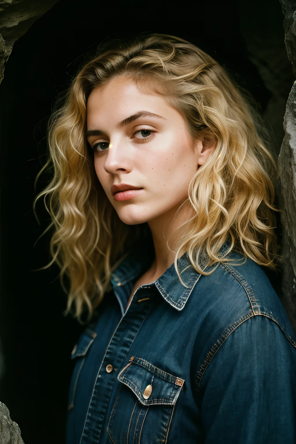 photograph of a woman, (troubled facial expression), textured skin, goosebumps, blonde afro hair, plaid flannel shirt with distressed boyfriend jeans, cowboy shot, dark and mysterious cave with unique rock formations and hidden wonders, perfect eyes, Porta 160 color, shot on ARRI ALEXA 65, bokeh, sharp focus on subject, shot by Don McCullin , bigger breasts, a small winged mole on the eye