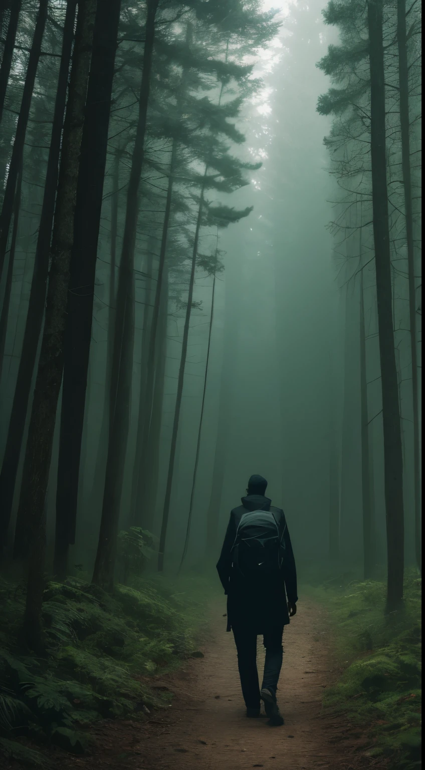 there is a solo man walking in the woods with a backpack, old house, stefan koidl inspired, bussiere rutkowski andreas rocha, by maxim verehin, inspired by maxim verehin, inspired by Tomasz Jedruszek, dark cinematic concept art, eerie nostalgic concept art, inspired by Igor Kieryluk, inspired by Ismail Inceoglu