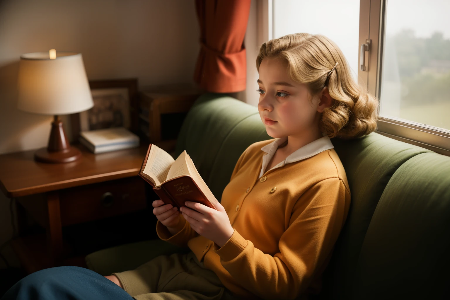 Molching, Germany, 1942. ((((13-year-old)) Liesel Meminger)), very thin, kind, big-hearted, dangerous dark eyes, in her bedroom chair, reading a book, ((sad expression, crying)). ((((poor casual clothings from the 1940s)))), ((dark-blond hairstyle of the 1940s))