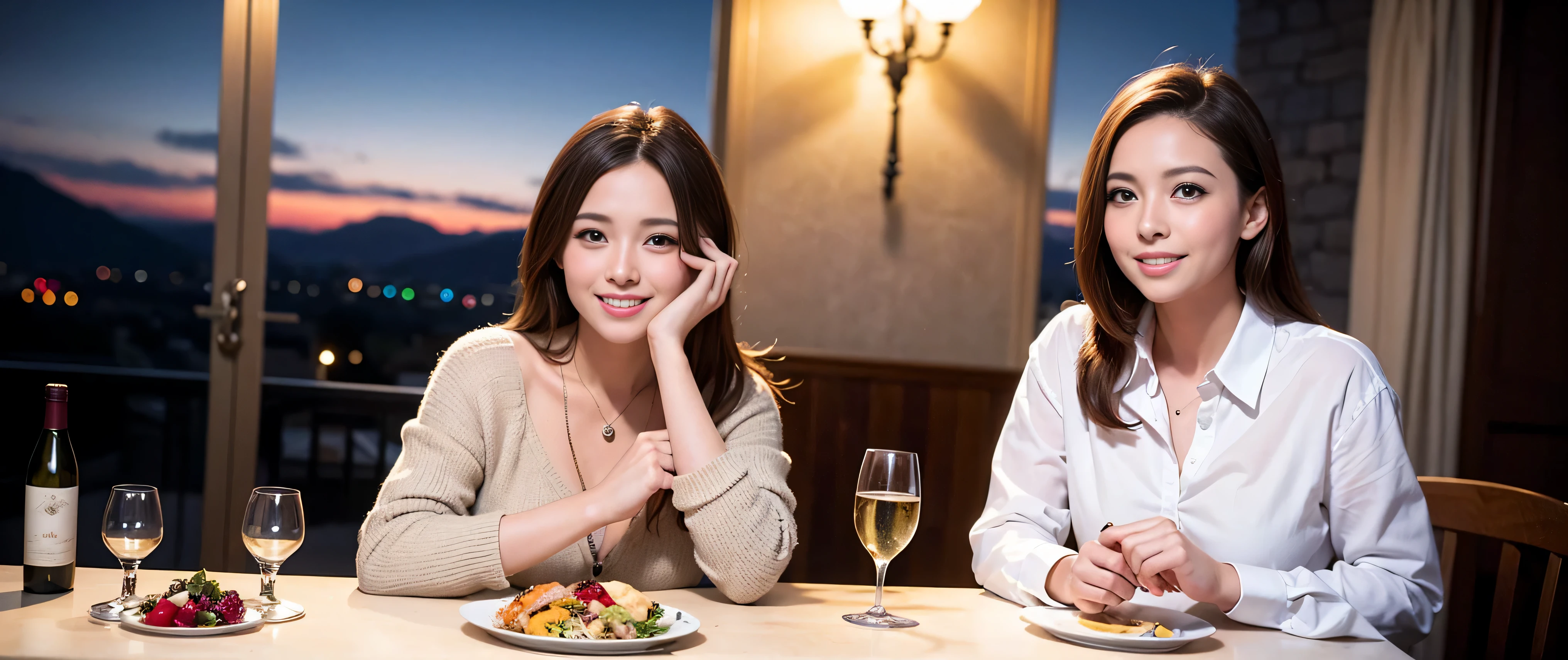 64k, Hmm, highest quality, masterpiece: 1.2), (realistic, photorealistic: 1.37), Spectacular view of the sunset sky and clouds、Amazing mountain views、slimな美女3名, (slimフェイス),Happy、 最高なsmile、Fox face、Berry Short、(because I'thin), (brown hair), (shortcut), long sleeve shirt、winter fashion、Colombian、Brazilian、Japanese、Dutch、German、Portuguese、Belgian、Italian、French,Champagne、sparkling wine、 (squirt), (slimボティ), (brown hair), (shortcut), neat beauty、cheeks turn a little red, (35 years old), 38 years old, alone, A beautiful and detailed night view spreads out outside the window....., restaurant, wine glassが座っている, At night, in a prominent place (from the Upper body) nova frog style, actress, model, Upper body, White wine, slim, wine glass, Very beautiful night view, wine glass Put in the Middle, Happy smile, (smile: 1.15),
