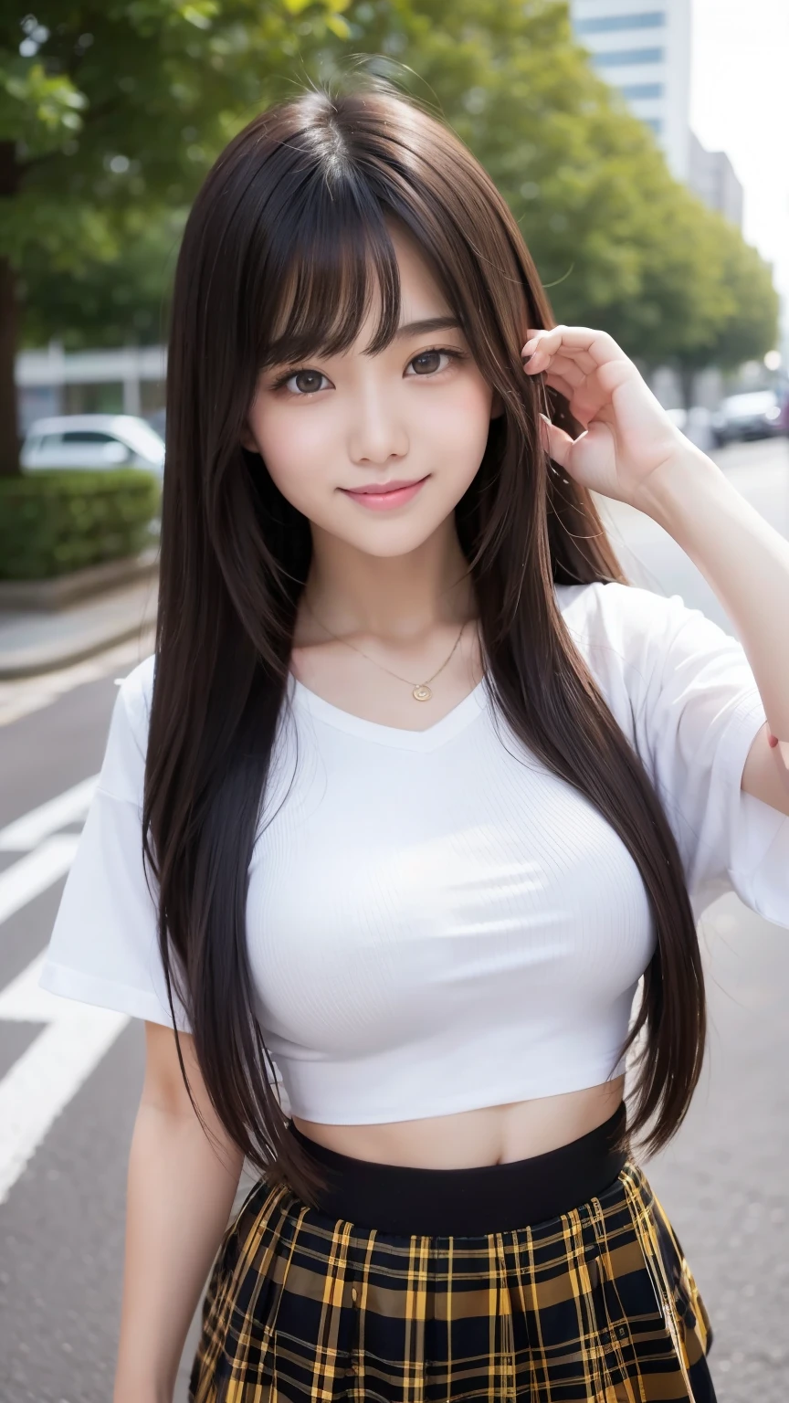 sexy big breasts,A -yeld beiful girl looks sexy and cute & cute beautiful sexy face, The strong wind blows the hair in front of my face,Beautiful super long pink straight hair with beautiful cute and sexy eyes hidden in long bangs、Navel Shirt、Very short yellow and black checked miniskirt、Turn around and look at me with a smile、