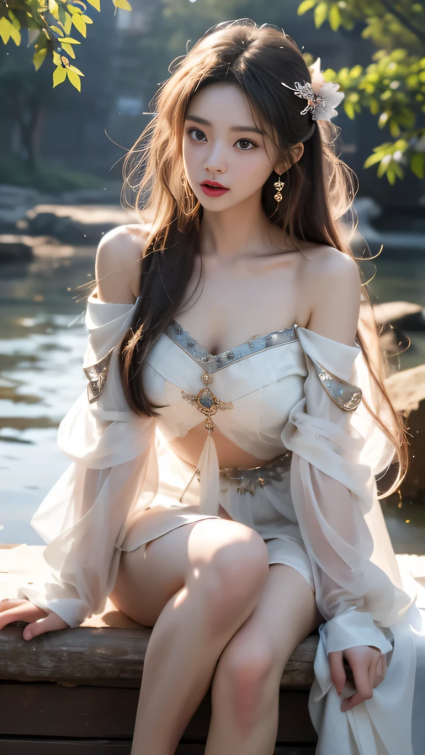(masterpiece, best quality:1.2), 1 girl, alone, ((off shoulder clothes)), ((night)), lantern, candela, Deep into wonderland,The moonlight falls like water,foggy room,The figure of the heroine is vaguely visible,Just like the fairy in the painting,Slender sexy legs,very nice legs,exposed sexy,big breasts,美丽而又带着一丝mystery的色彩。Her face is beautiful and delicate,Like finely carved jade,Showing otherworldly beauty。eyebrows,The waves in my eyes are like twinkling stars,Show the light of perseverance and wisdom。The bridge of the nose is straight,Lip color like cherry,The slightly raised corners of the mouth reveal confidence and calmness。her face is chiseled,Skin as fair as jade,Reveal a healthy glow,Just like fairies, She never eats fireworks in this world。Her makeup is light and delicate,Not too much embellishment,But enough to show her temperament and charm。Light-colored foundation brings out the transparency of the skin,A light eyebrow pencil outlines her perfect eyebrow shape,Eye makeup is eye shadow and eyeliner,Make her eyes brighter and more energetic。嘴唇涂上grace的口红,Adds a bit of charm and sophistication。她的衣服grace别致,Clothes fluttering,It seems like it will be blown up by the wind at any time,drifting into the distance。既不失grace,Also showed off her extraordinary skills。Swinging with her movements。Her hair is tied back casually,Secure it with a hosta,A few strands of hair are fluttering gently in the wind,Adds a bit of softness。Her figure is looming in the fairyland,宛如一道big breasts美丽的风景线,Attracted everyone's concern。She seems to be a fairy in wonderland,big breasts美丽、grace、mystery、and full of power。