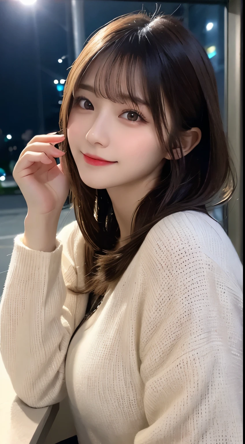 table top, highest quality, shape, Super detailed, finely, High resolution, 8k wallpaper, 完璧なダイナミックな構shape, beautiful and detailed eyes, elegant winter clothes,medium hair,small breasts natural color lip, bold sexy pose,smile、20 year old girl、cute、sexy looking at camera,night,beautiful and detailed face,Elegant face,perfect and beautiful face,slim face and body,spread your arms wide、background blur