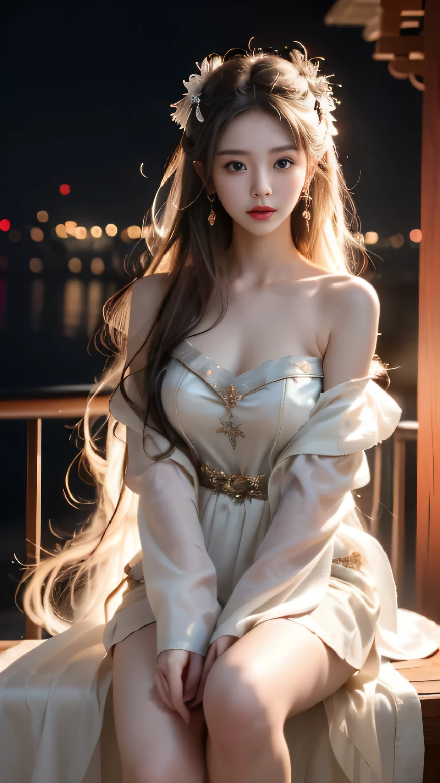 (masterpiece, best quality:1.2), 1 girl, alone, ((off shoulder clothes)), ((night)), lantern, candela, Deep into wonderland,The moonlight falls like water,foggy room,The figure of the heroine is vaguely visible,Just like the fairy in the painting,Slender sexy legs,very nice legs,exposed sexy,big breasts,美丽而又带着一丝mystery的色彩。Her face is beautiful and delicate,Like finely carved jade,Showing otherworldly beauty。eyebrows,The waves in my eyes are like twinkling stars,Show the light of perseverance and wisdom。The bridge of the nose is straight,Lip color like cherry,The slightly raised corners of the mouth reveal confidence and calmness。her face is chiseled,Skin as fair as jade,Reveal a healthy glow,Just like fairies, She never eats fireworks in this world。Her makeup is light and delicate,Not too much embellishment,But enough to show her temperament and charm。Light-colored foundation brings out the transparency of the skin,A light eyebrow pencil outlines her perfect eyebrow shape,Eye makeup is eye shadow and eyeliner,Make her eyes brighter and more energetic。嘴唇涂上grace的口红,Adds a bit of charm and sophistication。她的衣服grace别致,Clothes fluttering,It seems like it will be blown up by the wind at any time,drifting into the distance。既不失grace,Also showed off her extraordinary skills。Swinging with her movements。Her hair is tied back casually,Secure it with a hosta,A few strands of hair are fluttering gently in the wind,Adds a bit of softness。Her figure is looming in the fairyland,宛如一道big breasts美丽的风景线,Attracted everyone's concern。She seems to be a fairy in wonderland,big breasts美丽、grace、mystery、and full of power。