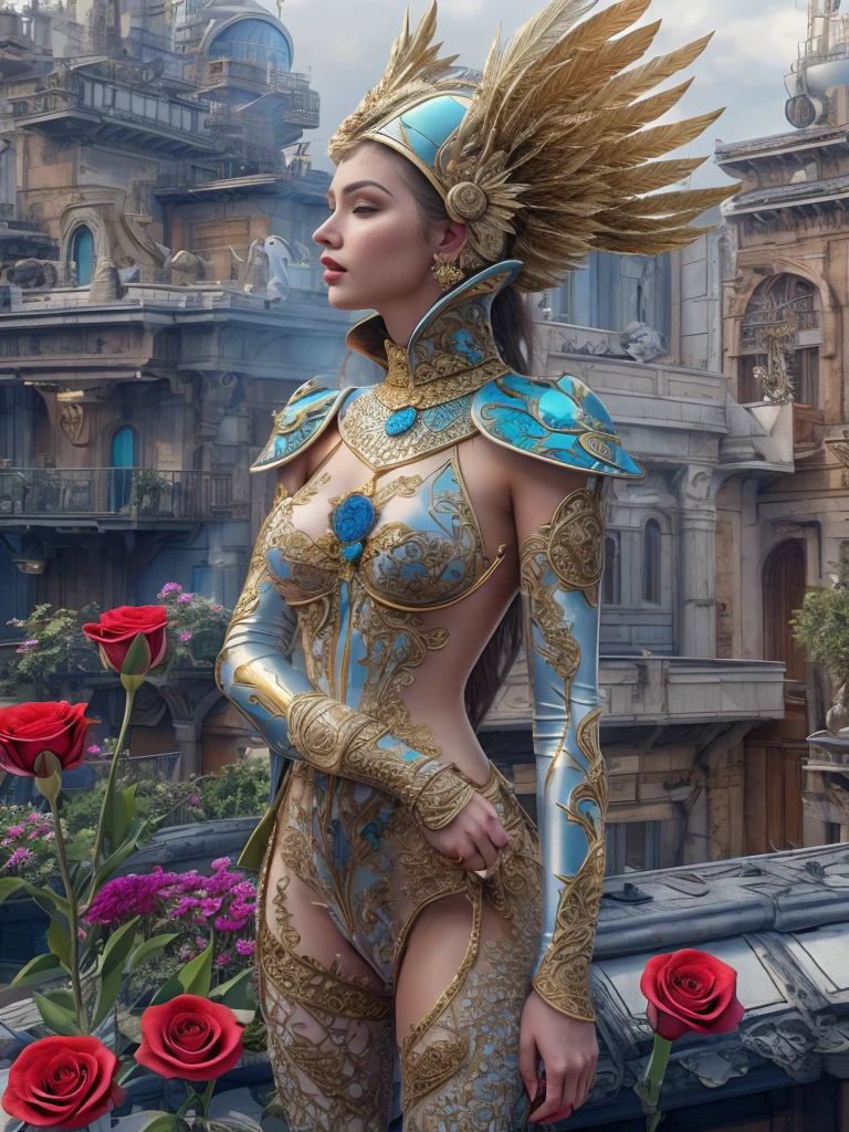 RAW, Masterpiece, Ultra clear photo, Best quality, ultra high resolution, Photorealistic, Sunbeam,，Futuristic city, Coruscant，super fantastic houses, Tall buildings in the background, super fantastic flying ships, Very beautiful girl 25 years old...，seductive look，wants sex, completely naked，An adorable swan helmet on the head with intricate blue detailing and metallic feathers., hat with gold and red roses and peacock feathers, transparent latex on the body, very beautiful long slender detailed face, lace sheer full body stockings, Blue eyes, detailed, neat background, startling, high-detailed skin, реалистичная detailing кожи, detailed vagina, nipples sticking out through clothes, visible pores, full length, beautiful slender legs, barefoot, sharp focus, volumetric fog, contract for 8 thousand., high quality, detailing, bright skin, photorealism, systemic impact，Extreme exhibitionism, Gold necklace around the neck, slender body, medium breasts, hands behind your back, Vagina naked, little fluffy kitten, stands on the roof of the house, starships in the sky, many colors, lilies, violets, roses, gladioli and dahlias.