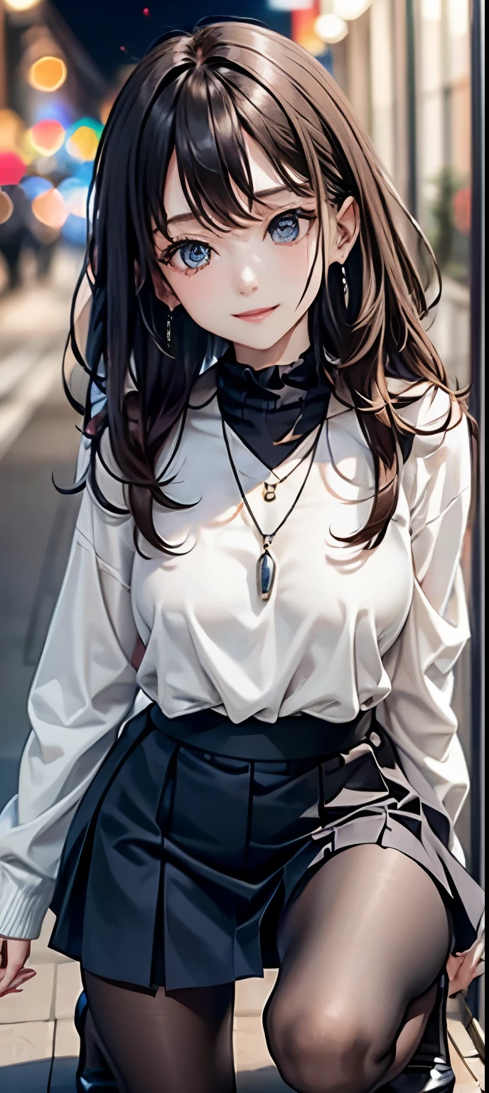 masterpiece、((focus on the face))、(full body shot、Full body photo including face)、((Symmetrical facial features))、(Biologically correct limbs、number of fingers)、Eyes of minute description、Beautiful woman、outstanding style、slender body、(small ass、thin thighs)、(smiling)、non sleeve、((long skirt without slits))、double leg pantyhose、(high heels、anklets of the same color)、Photo showing the whole body、head to toe photo、Detailed depiction of faces、small earrings、necklace、Low - Angle、The subject is far away、shallow depth of field、wide angle focal length、long straight shiny hair、The background is a night view of the city、(Standing on one knee)、