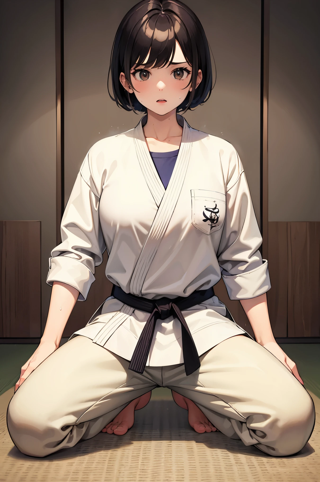 ((masterpiece, highest quality, super detailed, Very detailed 8KCG wallpaper)), 1 girl, alone, big breasts, short hair, black hair, bob, black eye, dougi, martial arts uniform, martial arts belt, black pants, barefoot, dojo, sitting, seiza, nice hands, perfect hands,judo,Newaza,Sweaty,sweating,sex appeal,Erotic,