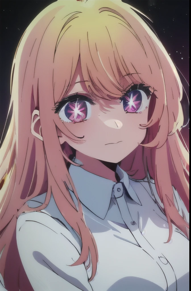 2d, masterpiece, best quality, anime, highly detailed, cowboy shot, 1girl, solo, white hair, white galaxy hair, white eyes, , looking at viewer,serious, bangs, Star symbol-shaped pupils, heart-shaped pupils, portrait of 1 beautiful and delicate girl, with a soft and happy expression,  A young woman with long, straight white and pink hair. Her hair is very thick and she wears it loose. She has blue eyes and pale skin. She is tall and slender, with a curvy figure. She wears a white shirt or blouse and pink shorts or skirt. She is very pretty. She is a sweet, kind and caring woman, who is always ready to help others. She brings joy and sunshine to everyone she meets and she is a joy to have around.