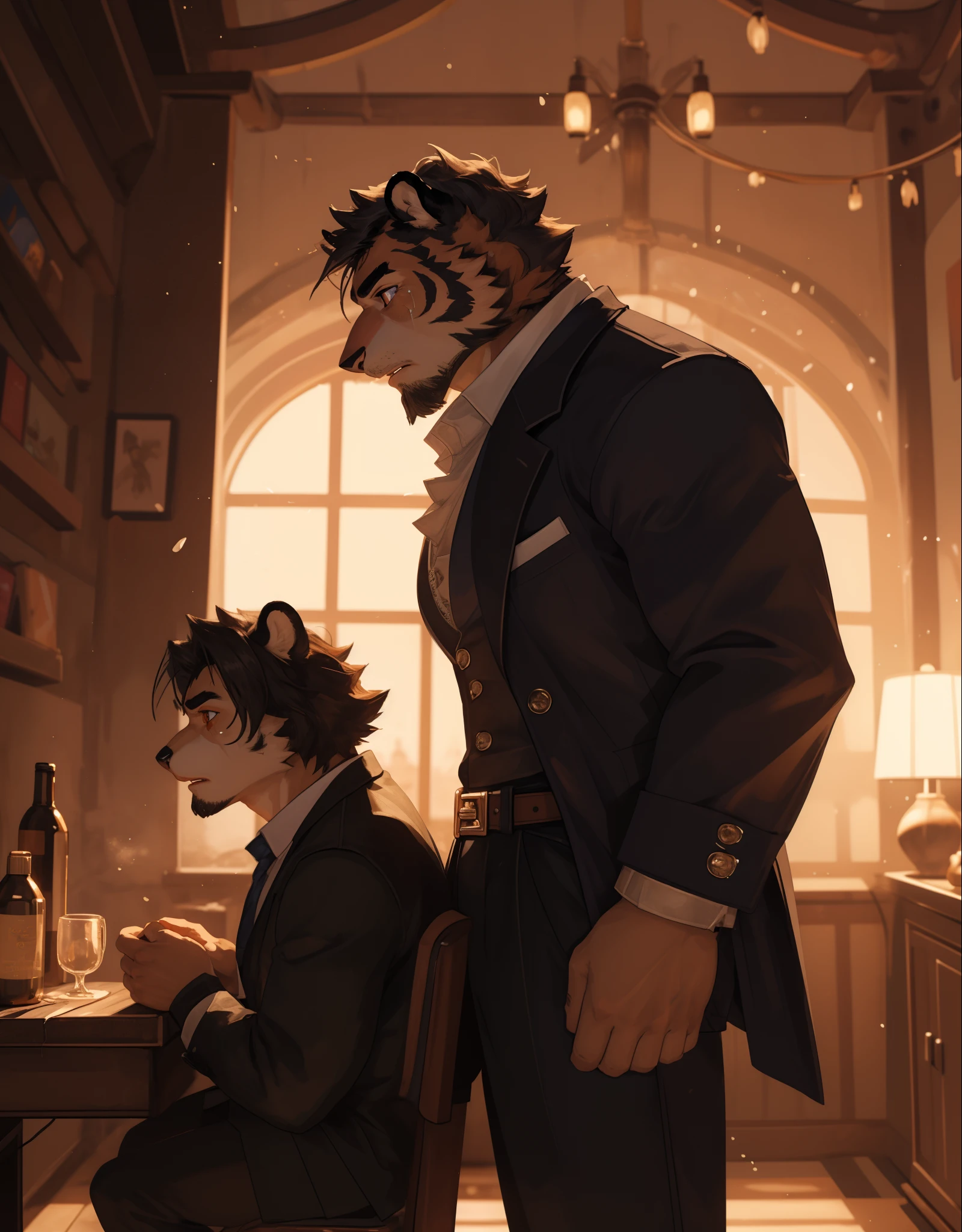 Best quality, masterpiece, expressionless,ultra high res,detailed background,realistic,muscular,mature male,dark short hair,facial hair, real shadow and light,depth of field, White tiger furry, Pirate hat, Torn brown jacket, Open shirt, Torn Shirt, Body bound, Crying in pain.