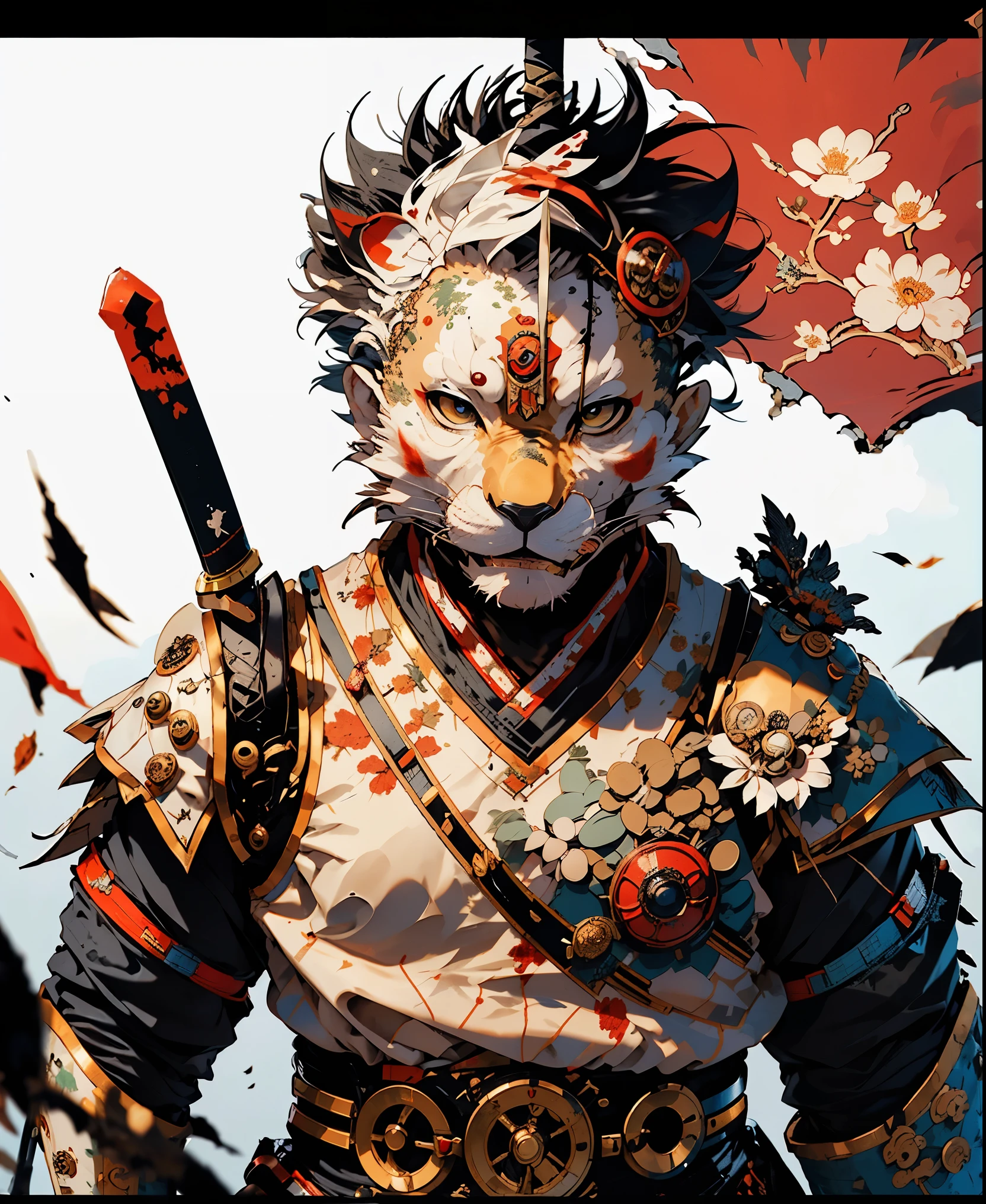 32K UHD QUALITY RESOLUTION, black lion, samurai warrior, highly detailed samurai battle armor samurai sword and sashimono war flag, dynamic battle pose, blood splattered, cherry blossoms blowing in the wind, post apocalyptic feudal Japan background 