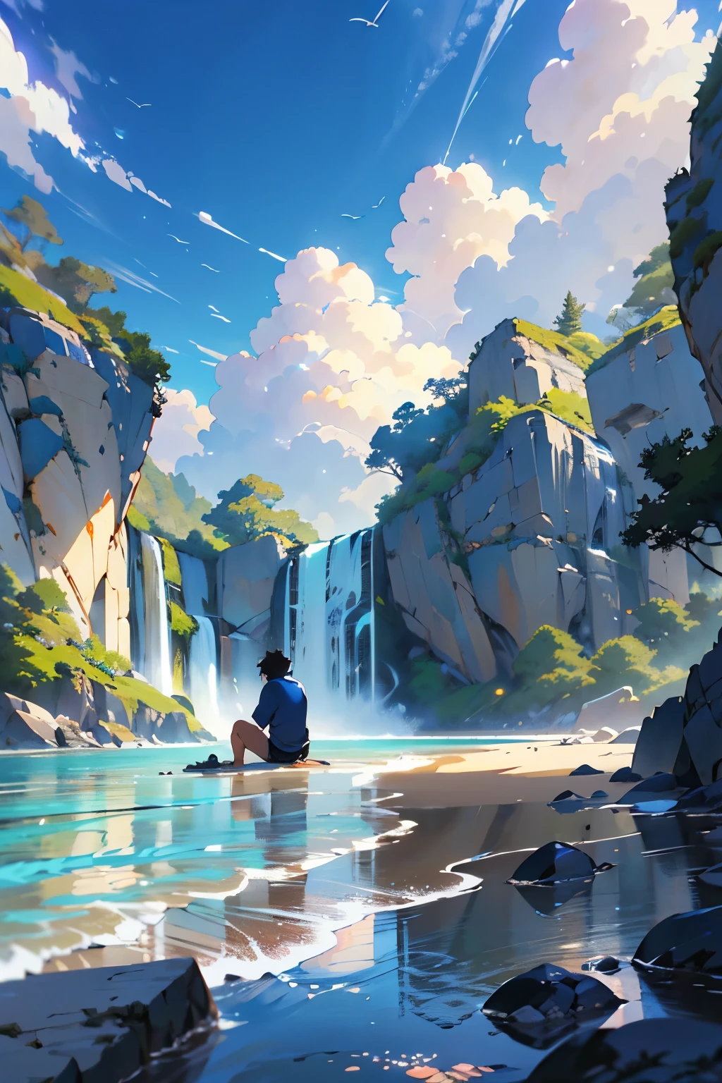 Anime - style scene of beautiful seashore in the morning with a blue sky and shiny. by makoto shinkai, anime art wallpaper 4k, anime art wallpaper 4 k, anime art wallpaper 8 k, anime wallpaper 4k, anime wallpaper 4 k, 4k anime wallpaper, anime sky, amazing wallpaper, anime background, far city, far mountain, waterfall, a man sit in the sand, a dog, a children playing ball, the bird,