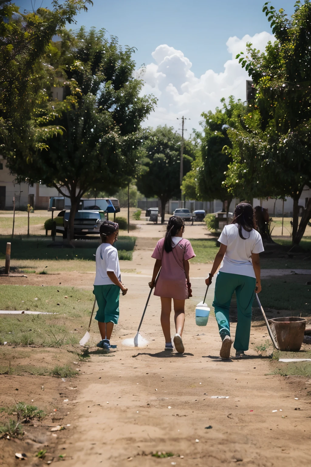 cover for an investigation about a community internship the topic is community cleanliness and sustainability, donde se vea una comunidad, personas limpiando, children planting a tree and a nice landscape, con formato animado de vivido colores