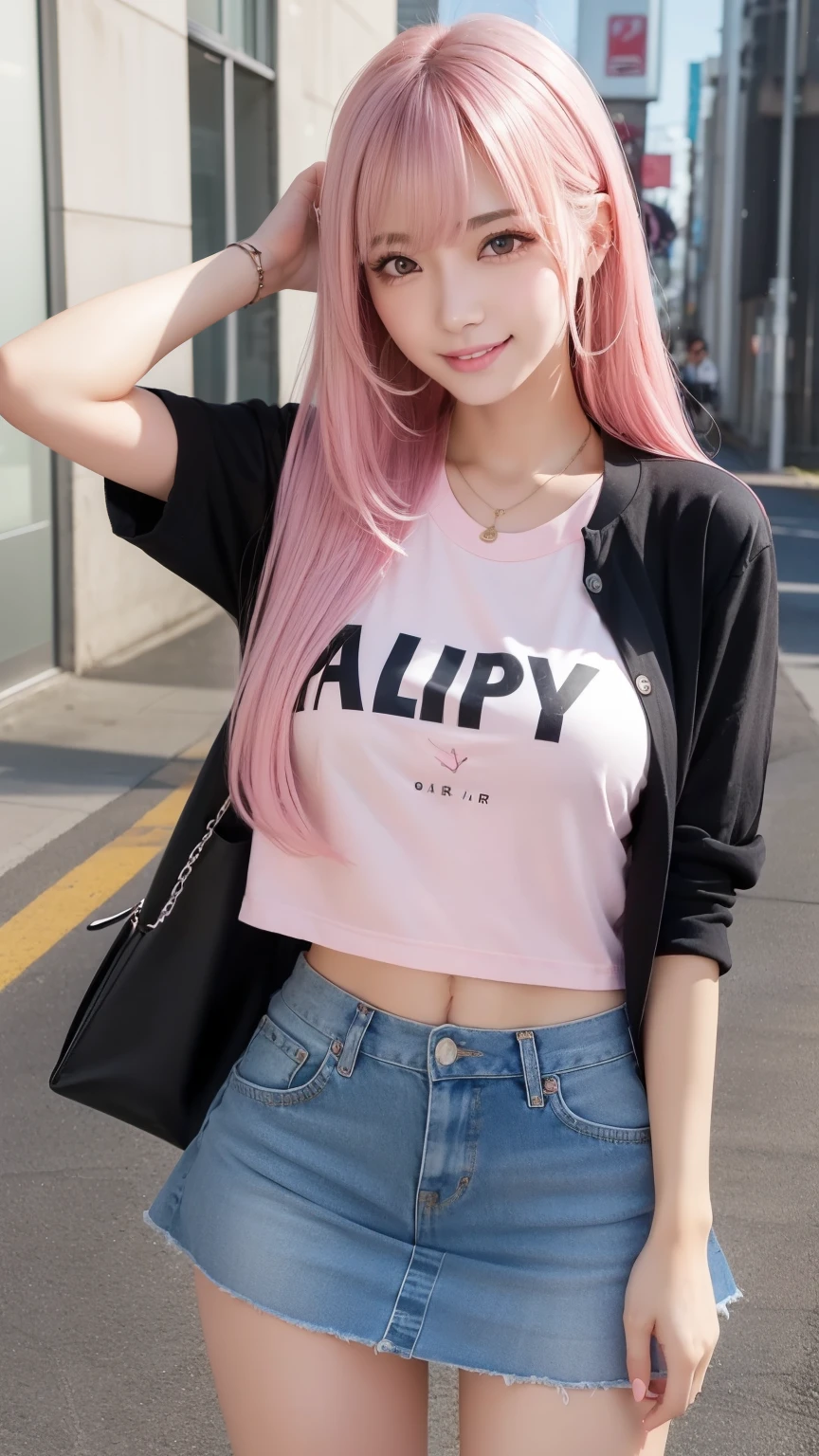 sexy big breasts,18 year old beautiful girl looks sexy and cute & cute beautiful sexy face, The strong wind blows the hair in front of my face,Beautiful super long metallic pink straight hair with beautiful cute and sexy eyes hidden in long bangs、Navel Shirt、Very short pink and black checked miniskirt、Turn around and look at me with a smile、
