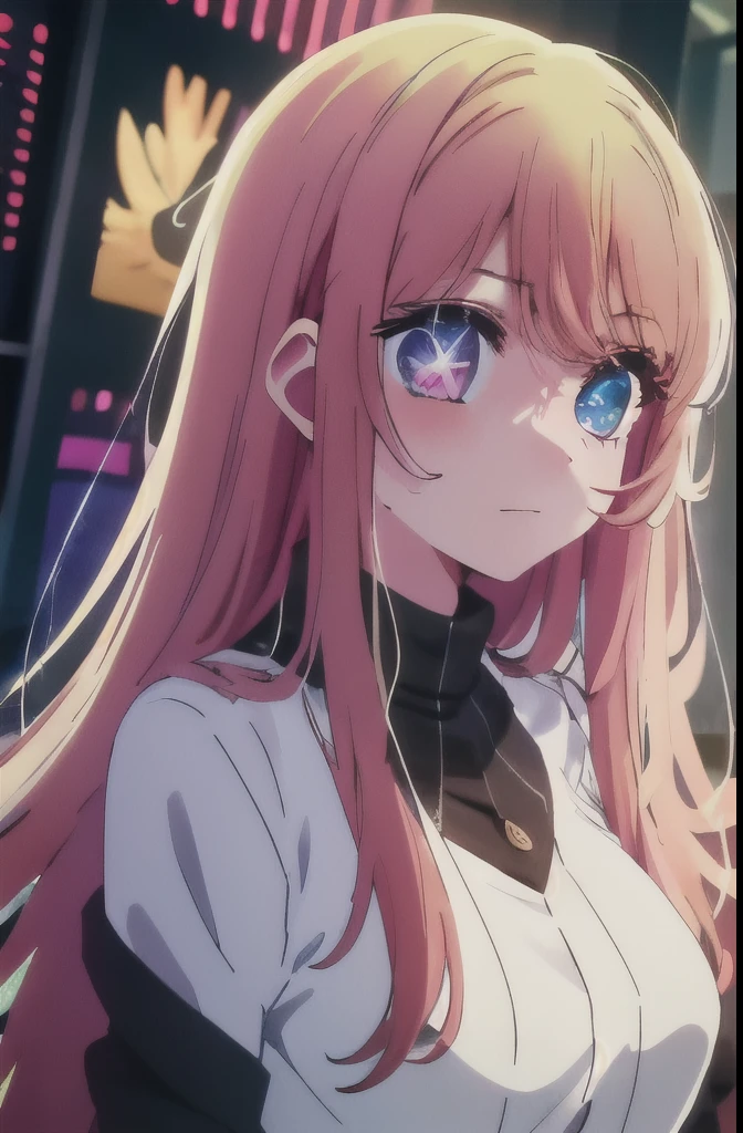 2d, masterpiece, best quality, anime, highly detailed, cowboy shot, 1girl, solo, white hair, white galaxy hair, white eyes, , looking at viewer,serious, bangs, Star symbol-shaped pupils, heart-shaped pupils, portrait of 1 beautiful and delicate girl, with a soft and happy expression, A young woman with long, straight white and pink hair. Her hair is very thick and she wears it loose. She has blue eyes and pale skin. She is tall and slender, with a curvy figure. She wears a white shirt or blouse and pink shorts or skirt. She is very pretty. She is a sweet, kind and caring woman, who is always ready to help others. She brings joy and sunshine to everyone she meets and she is a joy to have around.