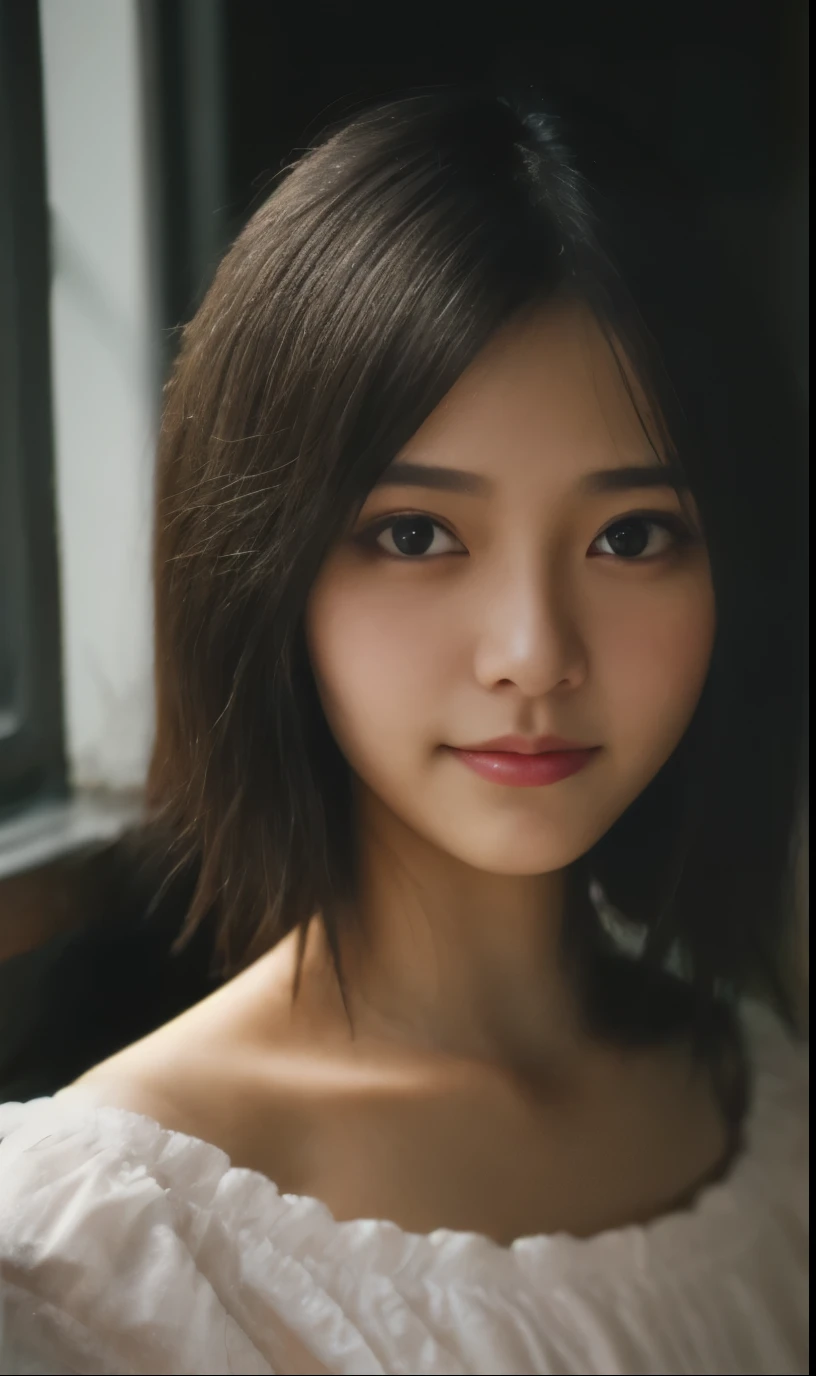 Stunning close-up portrait of a young and beautiful woman with RAW, analog style and impressive features. She should have long, flowing hair, a seductive gaze, and an attractive look. The background is neutral and simple, allowing the woman to be the focal point of the image. Pay attention to details, such as highlights and shadows on her face and hair, to create realistic and realistic images. Experiment with different lighting techniques to enhance the mood and atmosphere of your portrait. The final product should be a masterpiece that captures the essence and beauty of women ((Highly detailed skin, skin details)), Sharp Focus, Volumetric Fog, 8K, UHD, DSLR, High Quality, Film Grain, Fujifilm XT3, Camisole Dress, Hemp Dress, Floral Dress, Short-Term Hair, Disheveled Hair, Antique Cafe Chair, Little smile, rain outside the window, crowd, night, evening, warm light, dark light, blurred light, heavy rain