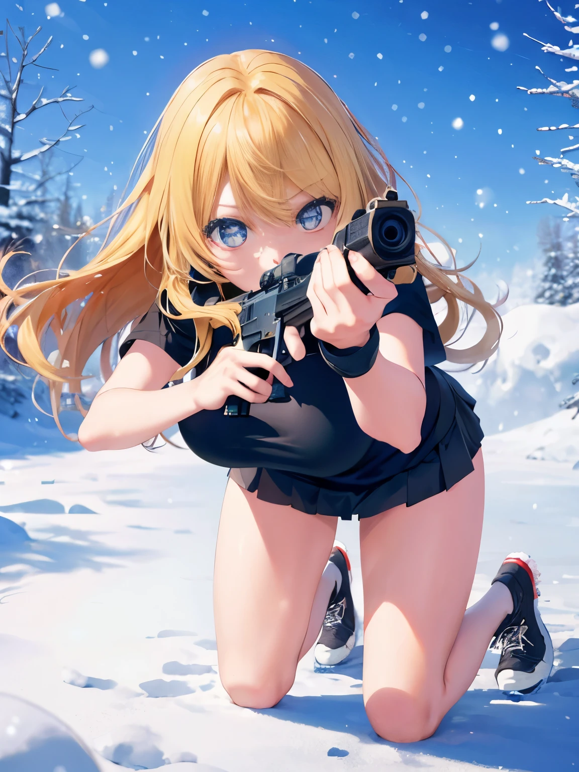 1woman,super beautiful,crawl,snowing,Holding a gun, shooting,full body photo,Aiming at the viewer,Focus on face,Beautiful eyes, very detailed face, HD face, perfect face,black t-shirt,black mini skirt,Very big breasts,Blonde hair,long hair,wavy hair,bangs,blue eyes,ultra detail,ultra Hd, masterpiece,4k