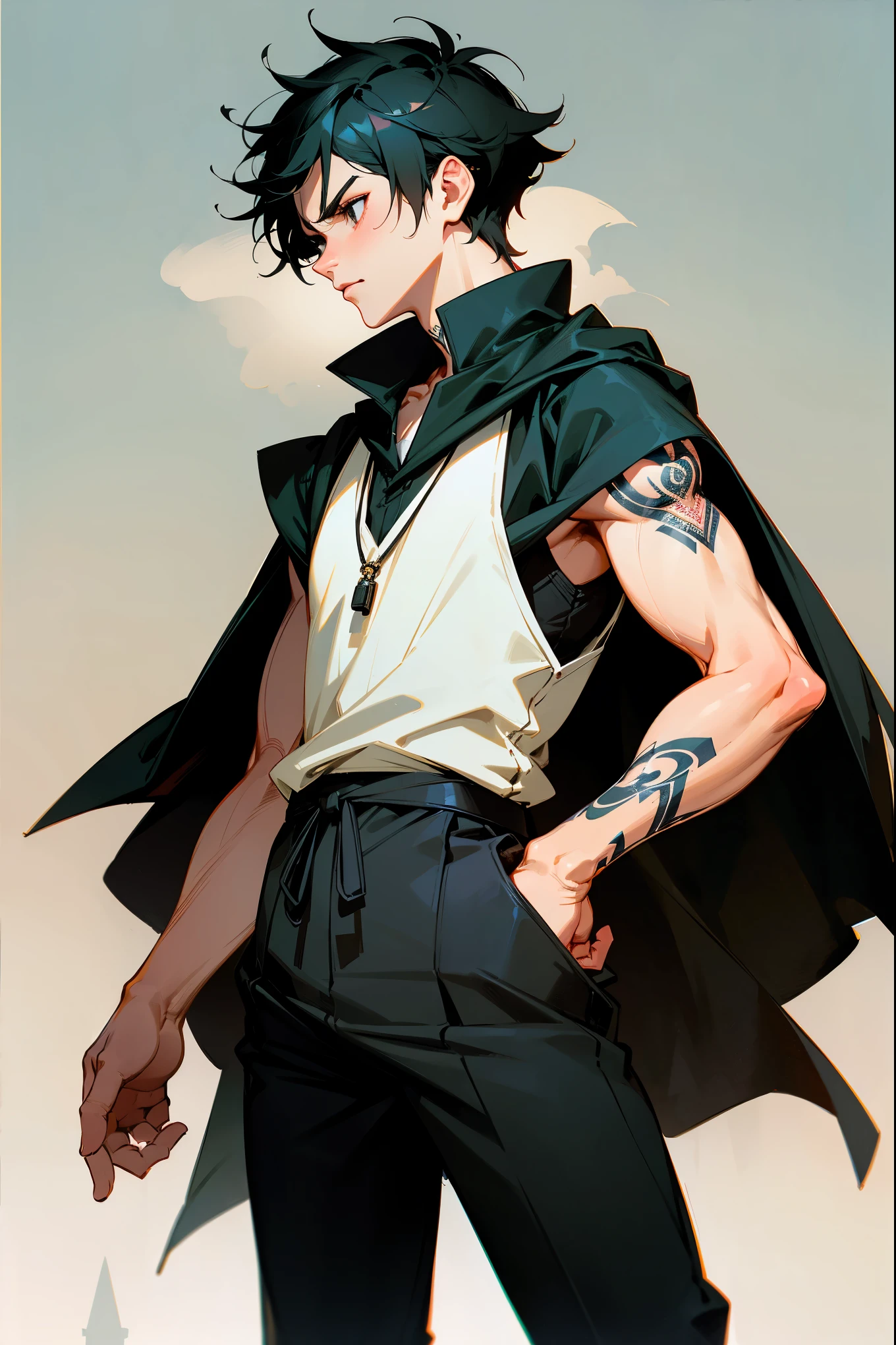 1male, black hair, tattoos, sleeveless jacket, baggy black pants, medieval clothing, old city background, detailed background, standing on path, annoyed expression