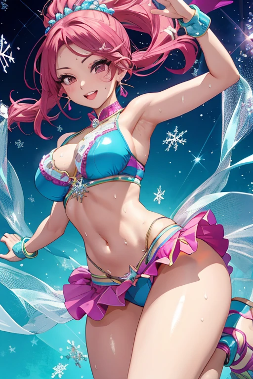 zumba dancer woman、zumba costume、perfect proportions、belly button dance、Waist swing、 dynamic pose、dynamic angle、crystal clear glossy back decoration、snowflake inspired attire, ultra sexy babe, open leg, excited expression, sweat