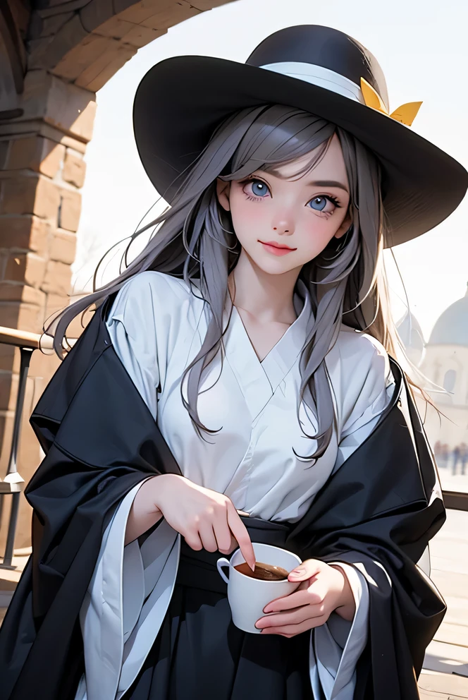 Elena_(possible_No_Gossip), superb, masterpiece, 4k,, 1 girl, feminine, beautiful, a cup, white hair, Big magic hat + black above，Purple inside, blue eyes, White shirt, yellow ribbon, black robe,, kawaii, looking at the audience, faint smile, Magical girl, Background Medieval Europe,