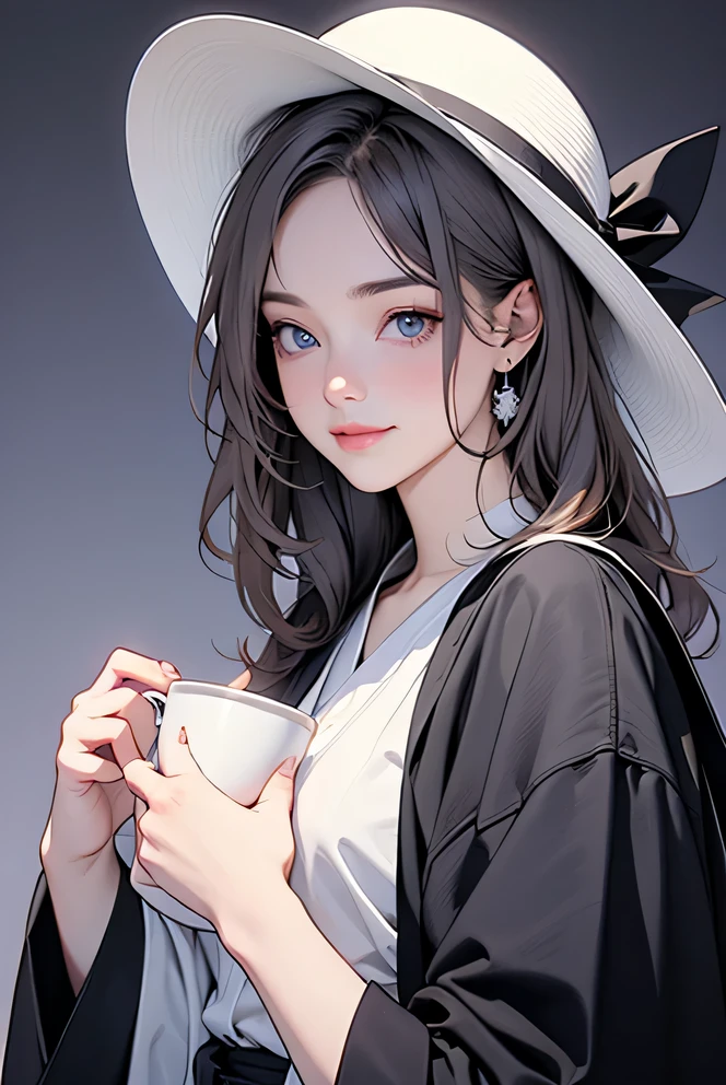 Elena_(possible_No_Gossip), superb, masterpiece, 4k,, 1 girl, feminine, beautiful, a cup, white hair, Big magic hat + black above，Purple inside, blue eyes, White shirt, yellow ribbon, black robe,, kawaii, looking at the audience, faint smile, Magical girl, Background Medieval Europe,