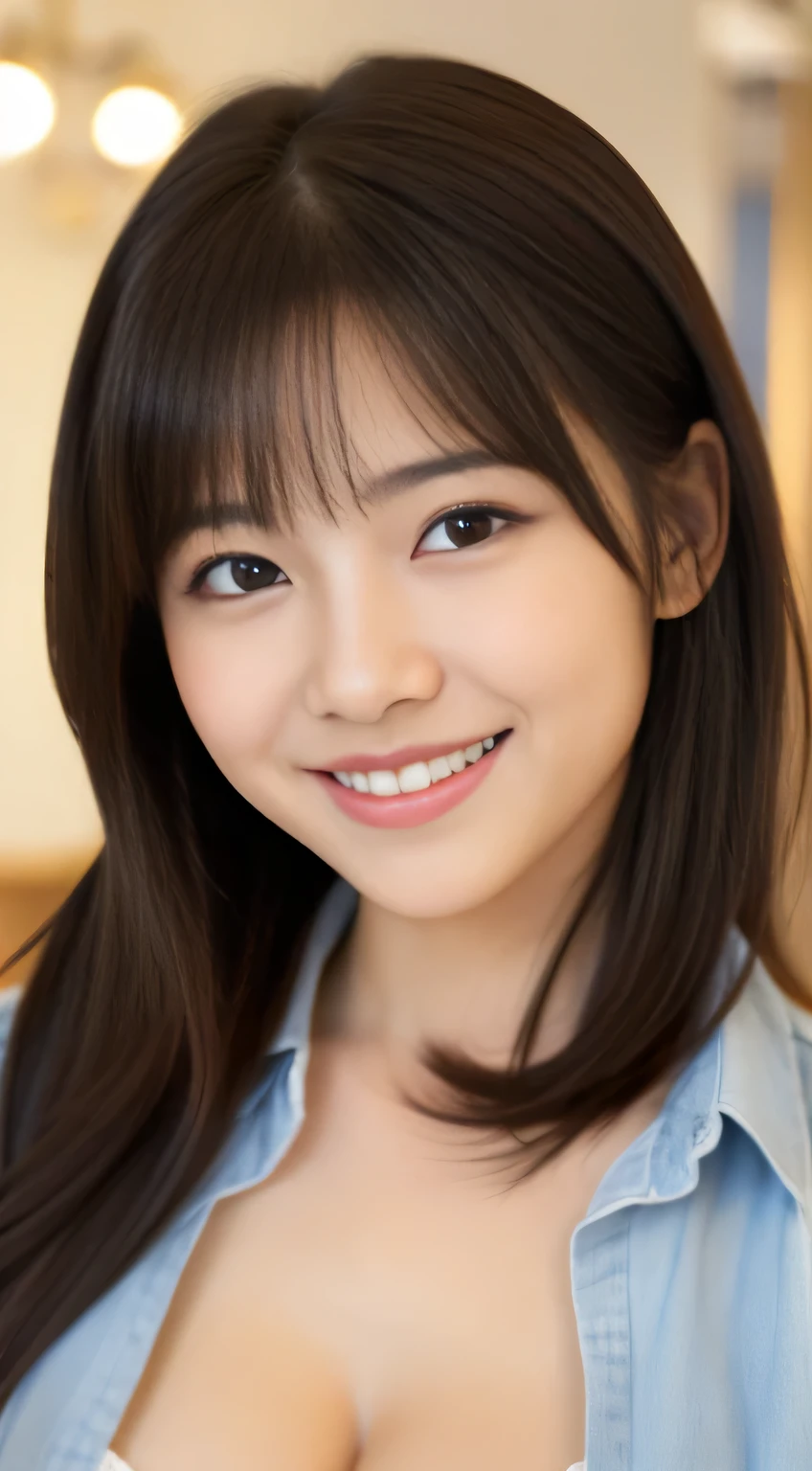 Japanese ),((beautiful girl)),cleavage,An expression that imagines something pleasant:1.2,(perfect body beauty:1.2),((perfect body)),(shy smile),beautiful teeth,