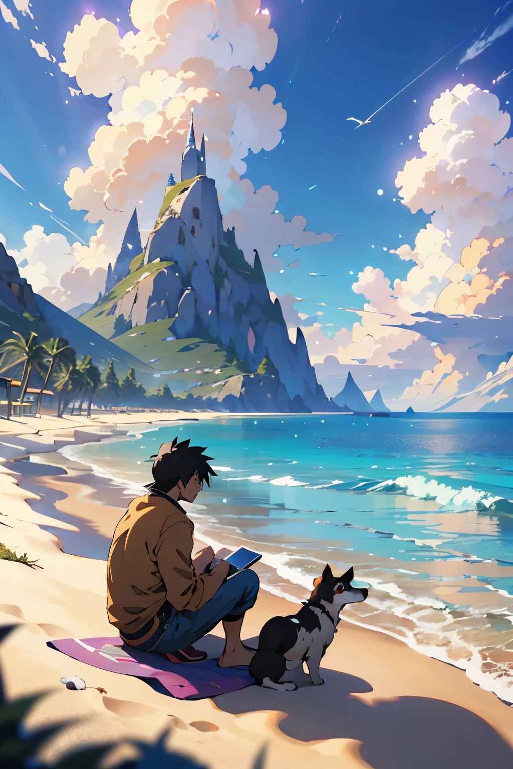 Anime - style scene of beautiful seashore in the morning with a blue sky and shiny. by makoto shinkai, anime art wallpaper 4k, anime art wallpaper 4 k, anime art wallpaper 8 k, anime wallpaper 4k, anime wallpaper 4 k, 4k anime wallpaper, anime sky, amazing wallpaper, anime background, a city, far mountain,  a man sit in the sand, a dog, the bird, the woman naked, 