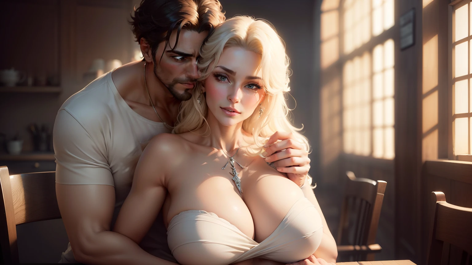 of digital art portrays a man and a MILF (Mother I'd Like To Fuck), their intimately connected bodies adorned in exquisite outfits from a top-quality, highly detailed CG Unity 8k wallpaper. The man's rugged, muscular frame is accentuated by a sleek, realistic textured t-shirt, revealing every fiber and pore. The MILF, embodying timeless beauty, is clad in a simple, pure dress that radiates elegance. Their gazes lock, filled with passion, in the soft, well-lit setting. The background remains delicately blurred, allowing their embrace, as they cherish