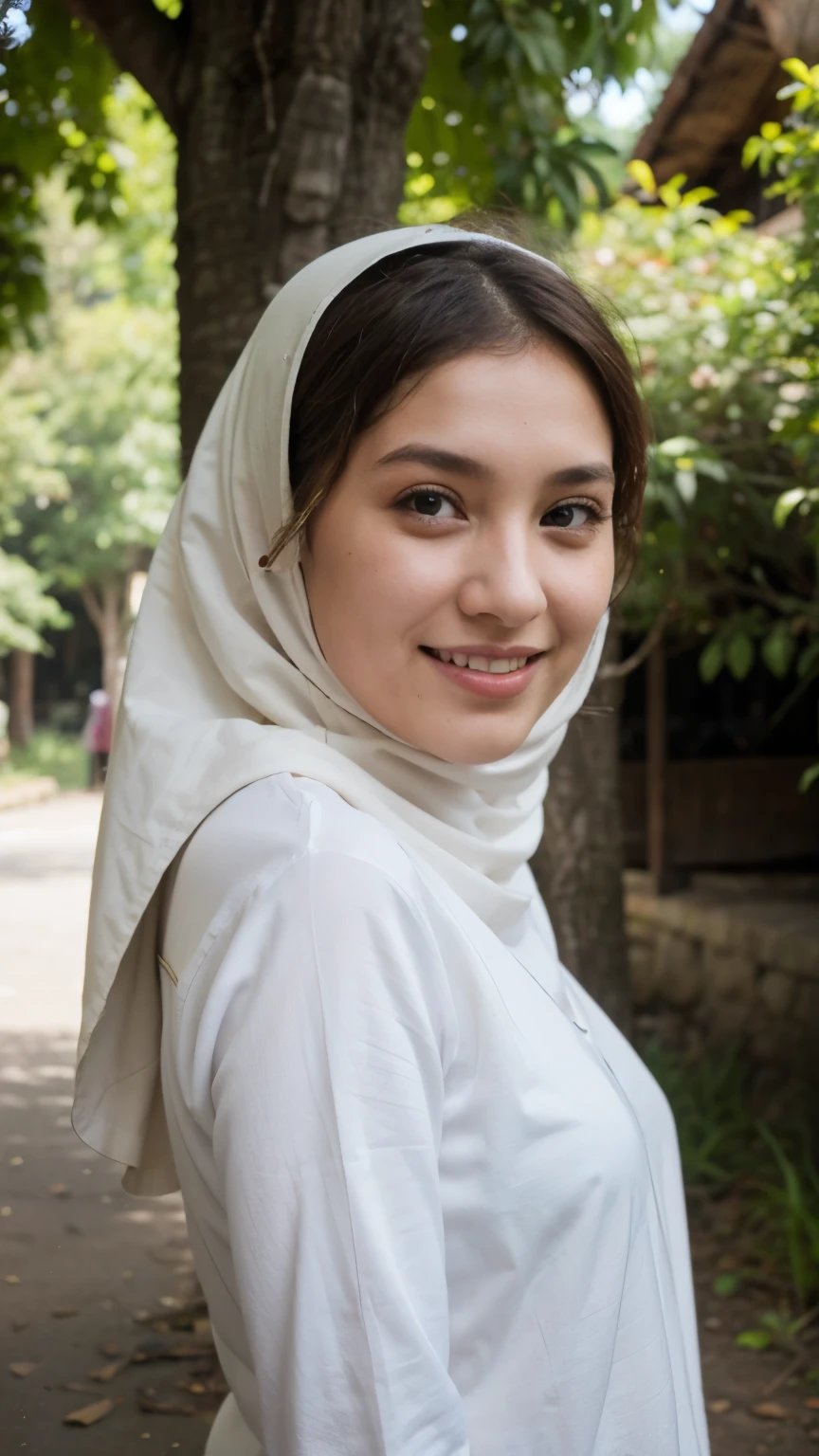 tree girl hijab, outdoor Indonesia, village, ((white girl)), ((european)), smile