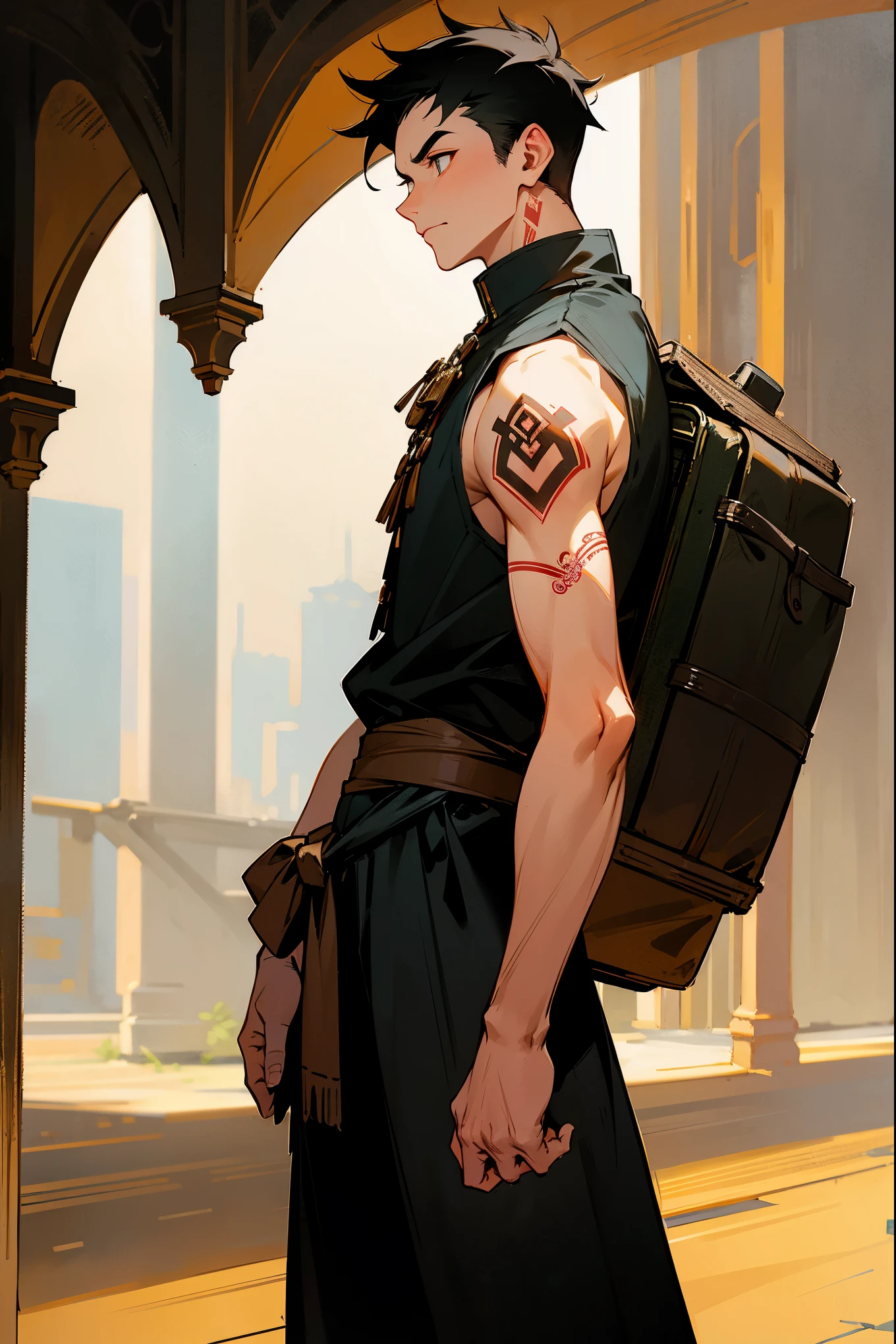 1male, black hair, tattoos, sleeveless jacket, baggy black pants, medieval clothing, (old city background), detailed background, standing on path, annoyed expression